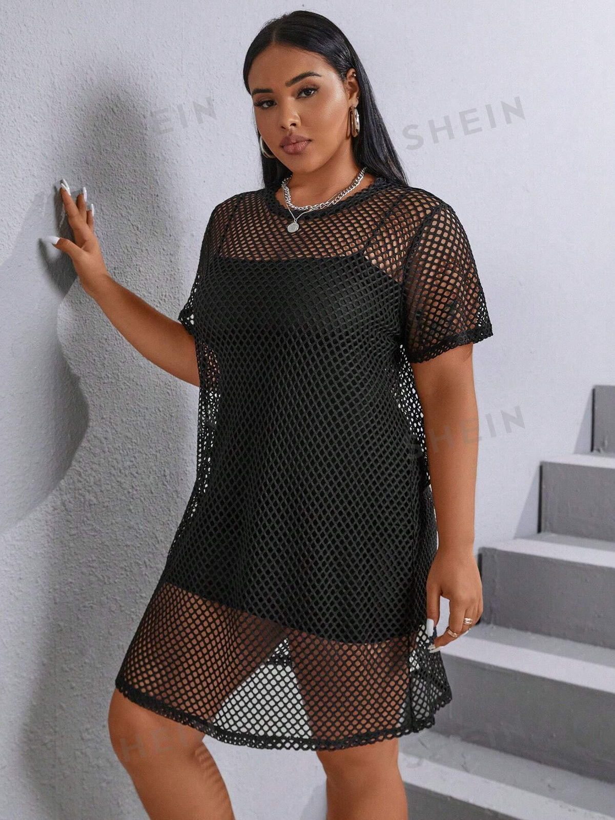 EZwear Plus Solid Fishnet Dress Without Cami Dress