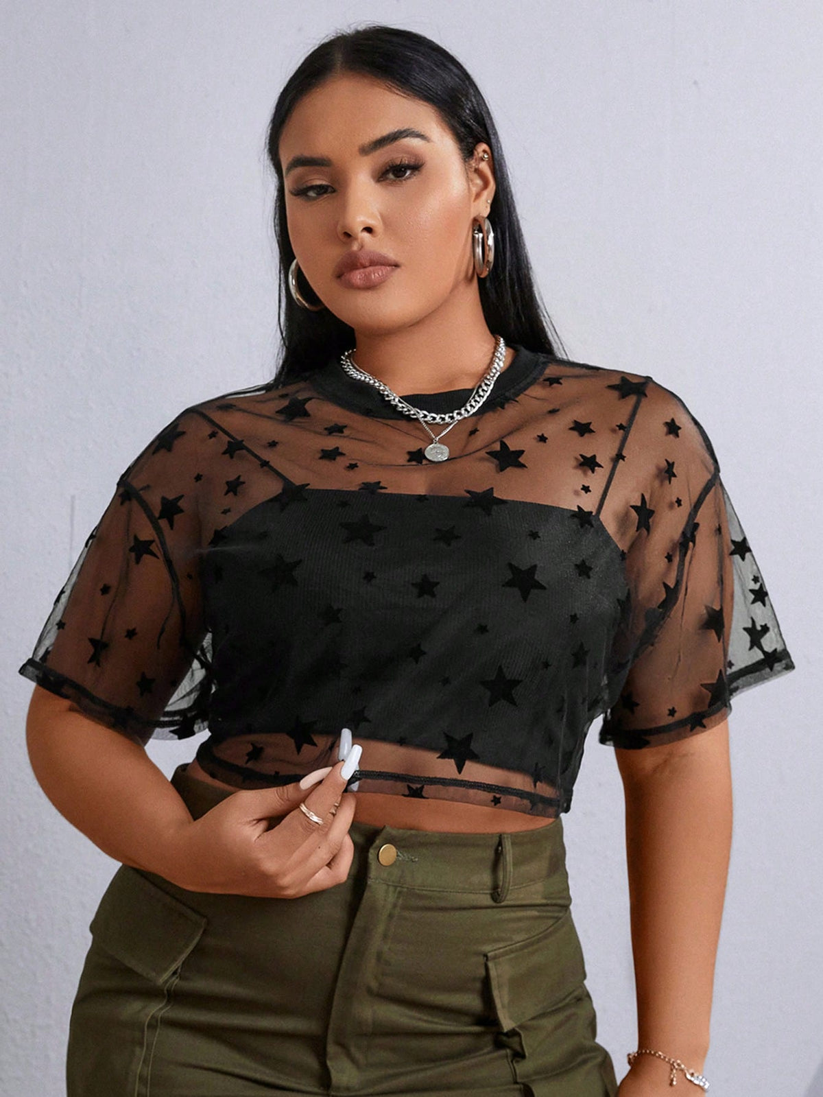 EZwear Plus Star Print Drop Shoulder Mesh Top Without Cami Top