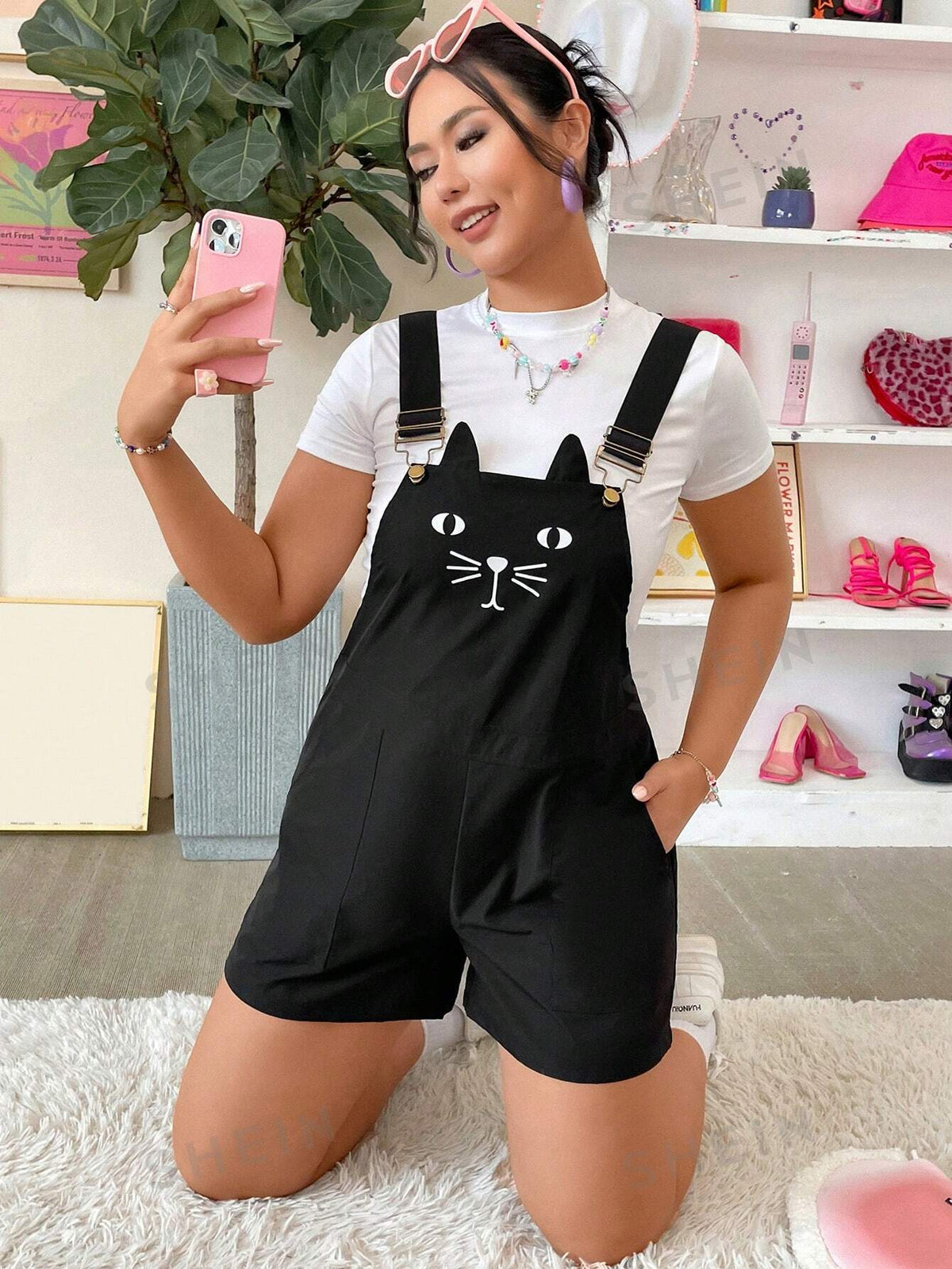 Plus Cartoon Graphic Overall Romper Without Tee