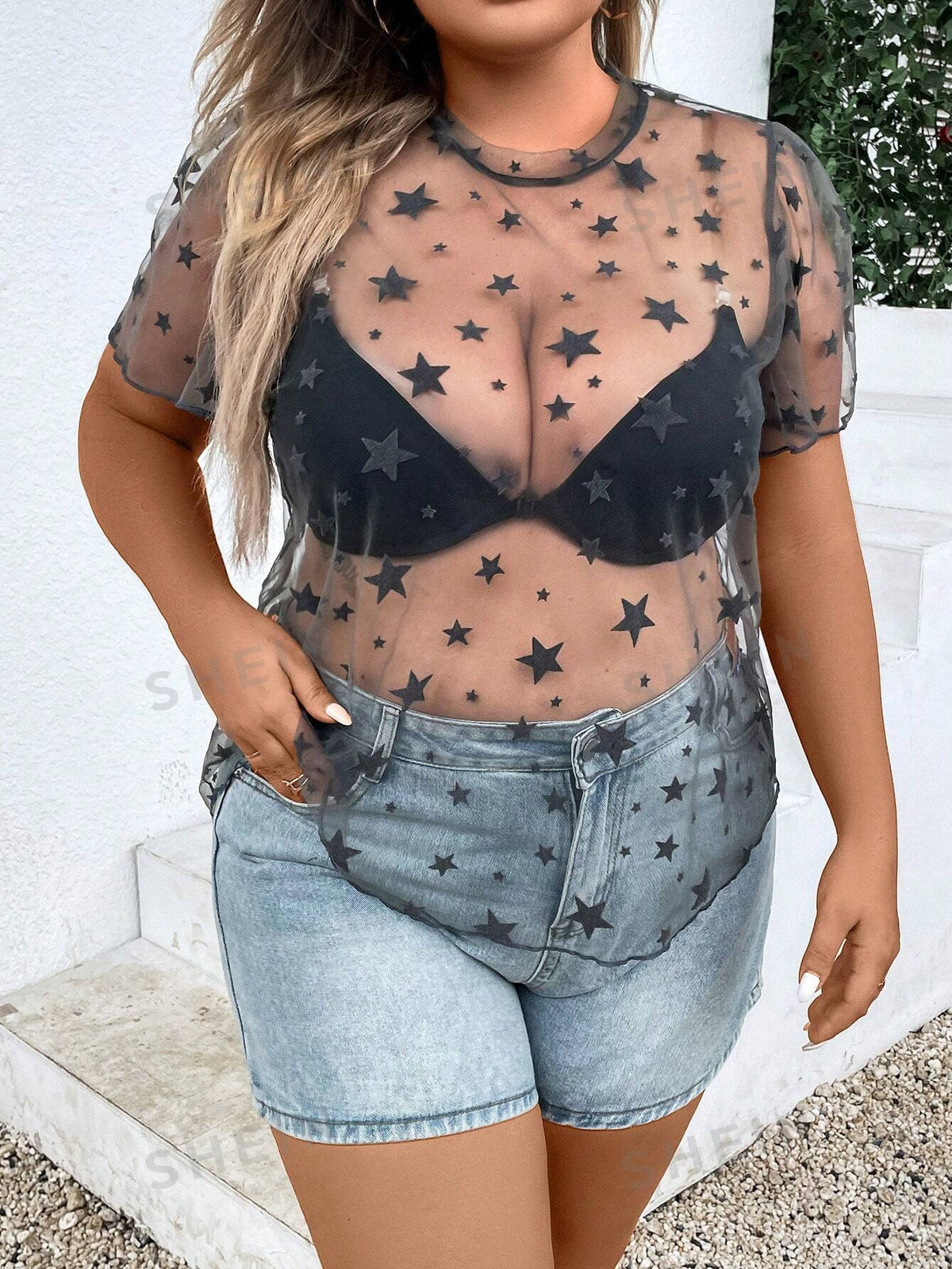 Essnce Plus Star Print Mesh Top Without Bra