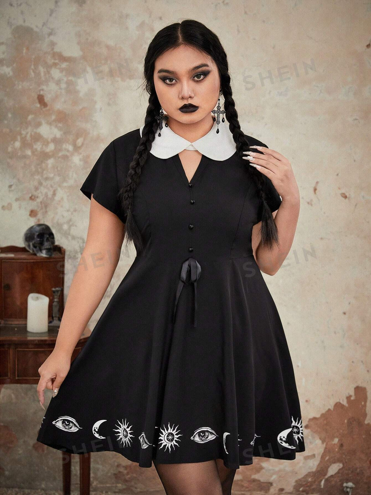 ROMWE Goth Plus Sun & Moon Print Contrast Collar Dress