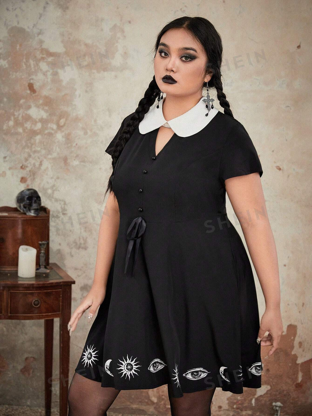 ROMWE Goth Plus Sun & Moon Print Contrast Collar Dress