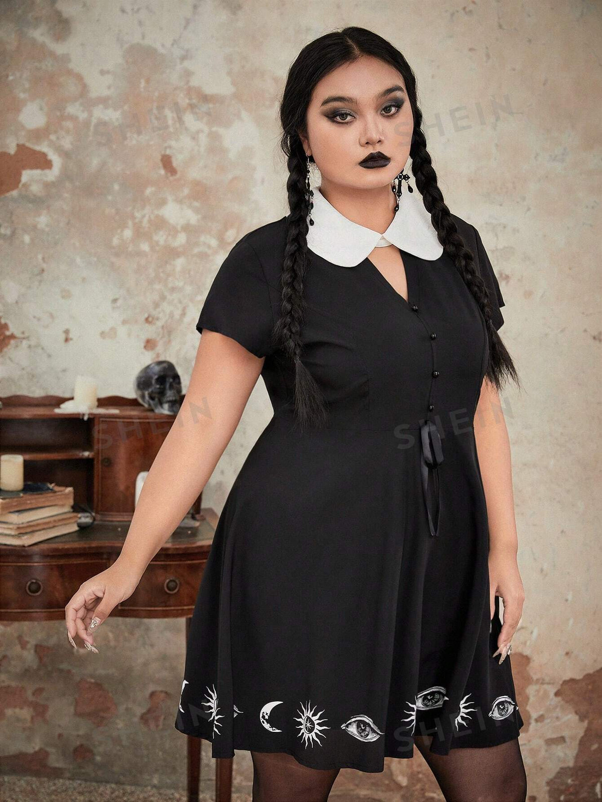 ROMWE Goth Plus Sun & Moon Print Contrast Collar Dress