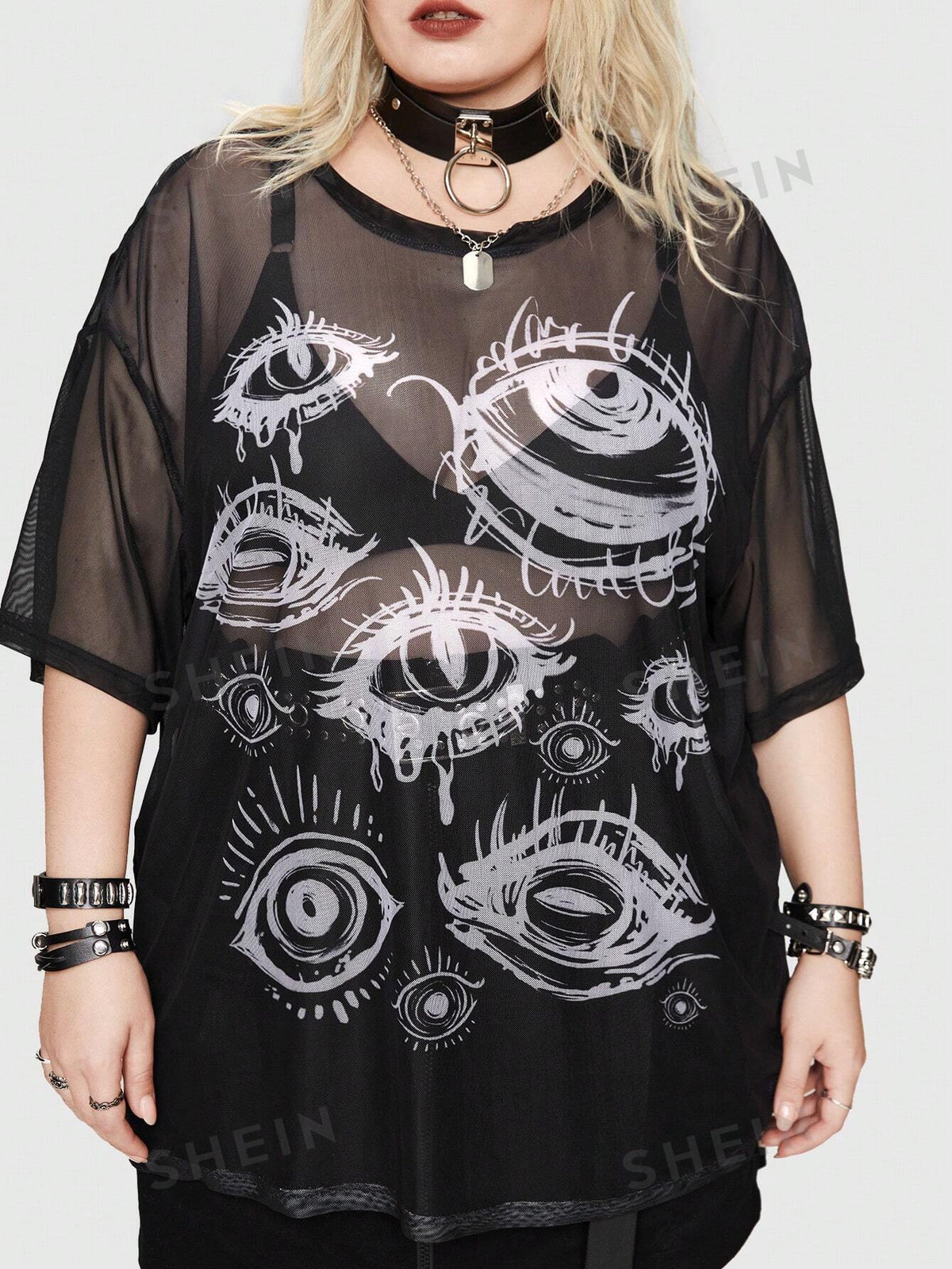 ROMWE Grunge Punk Plus Eye Print Drop Shoulder Mesh Top Without Bra