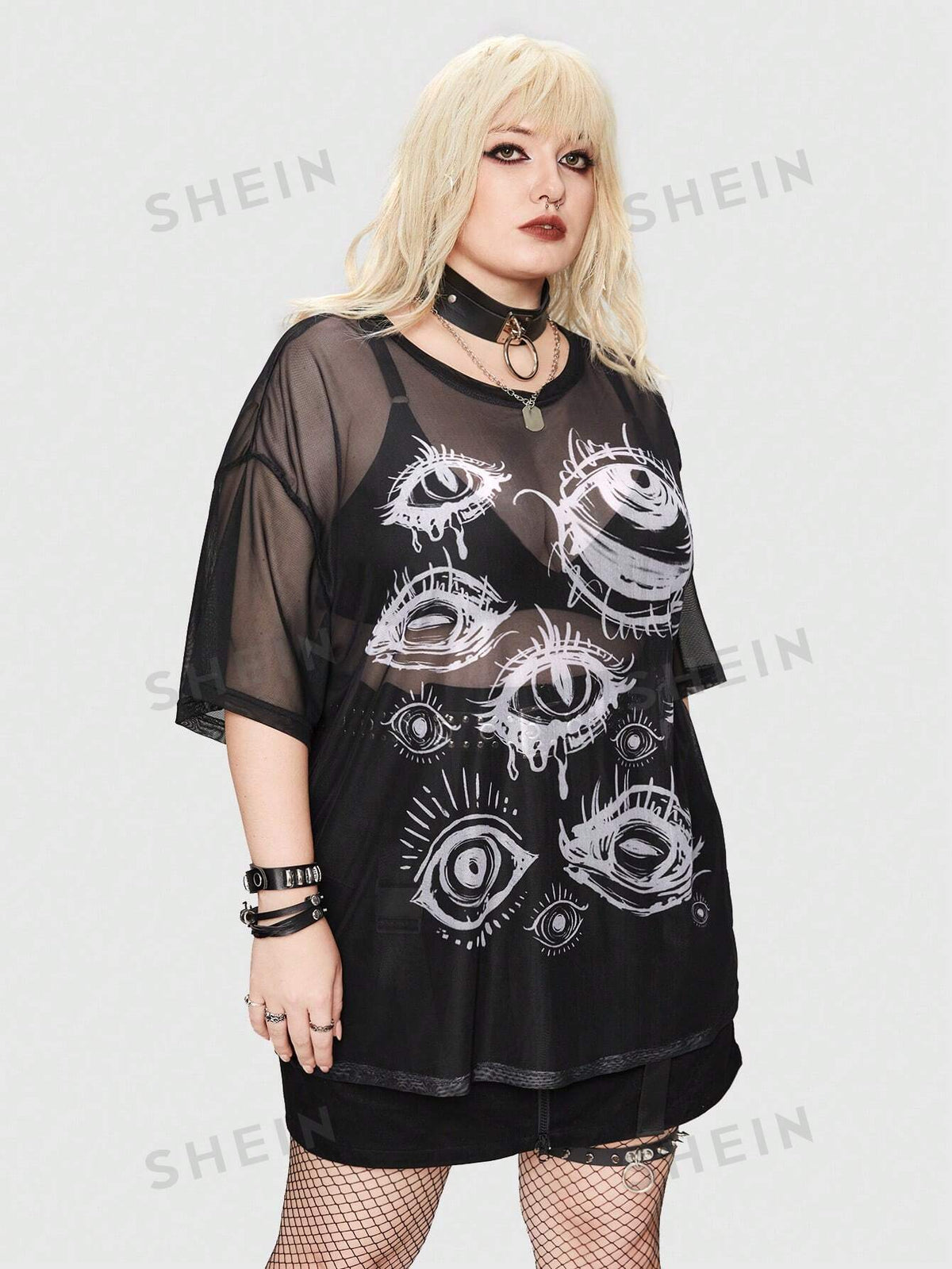 ROMWE Grunge Punk Plus Eye Print Drop Shoulder Mesh Top Without Bra