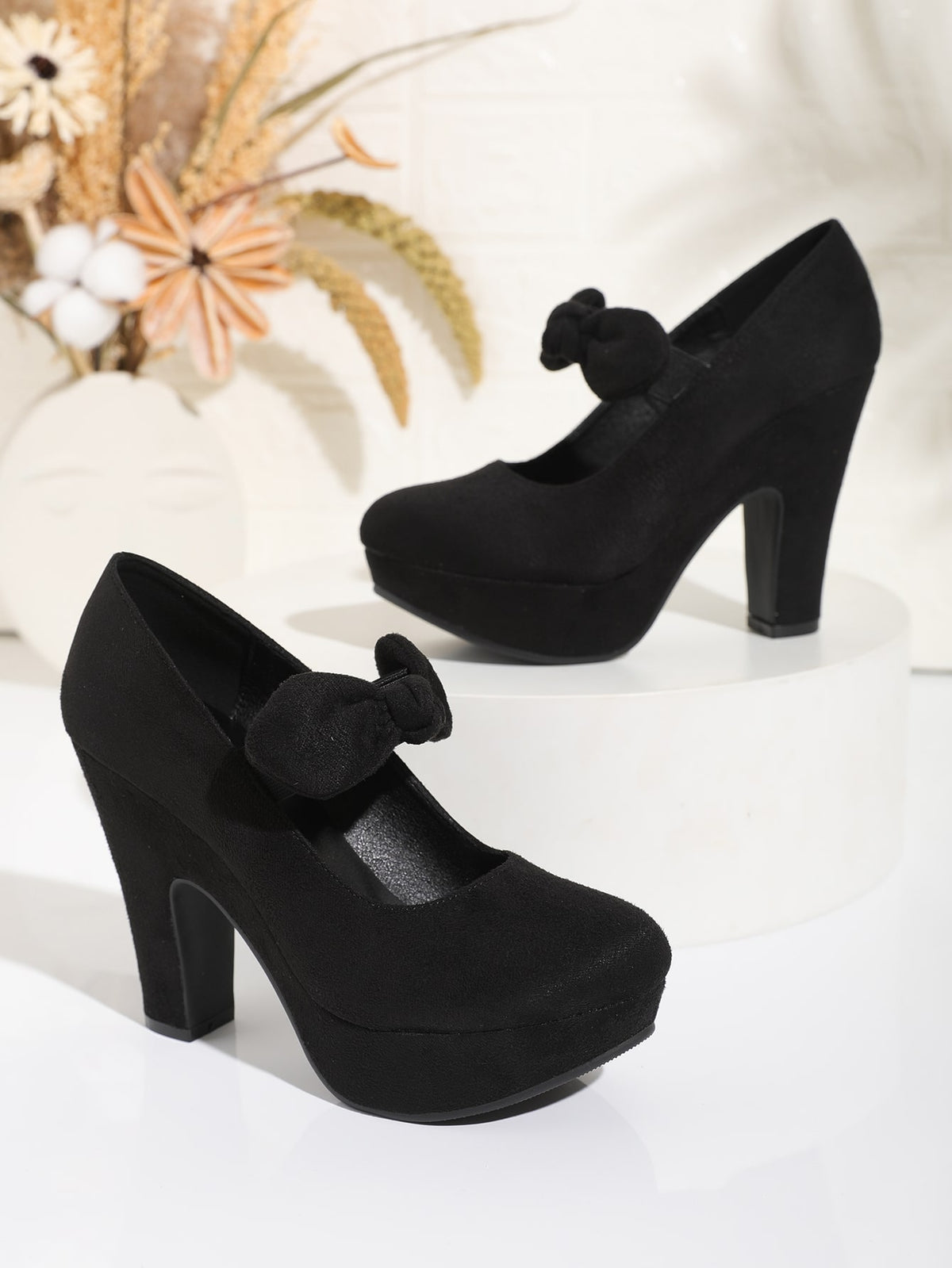 High Heels Chunky Heel Waterproof Platform Thick Sole Shoes Round Toe Bowknot Versatile Women's Shoe
