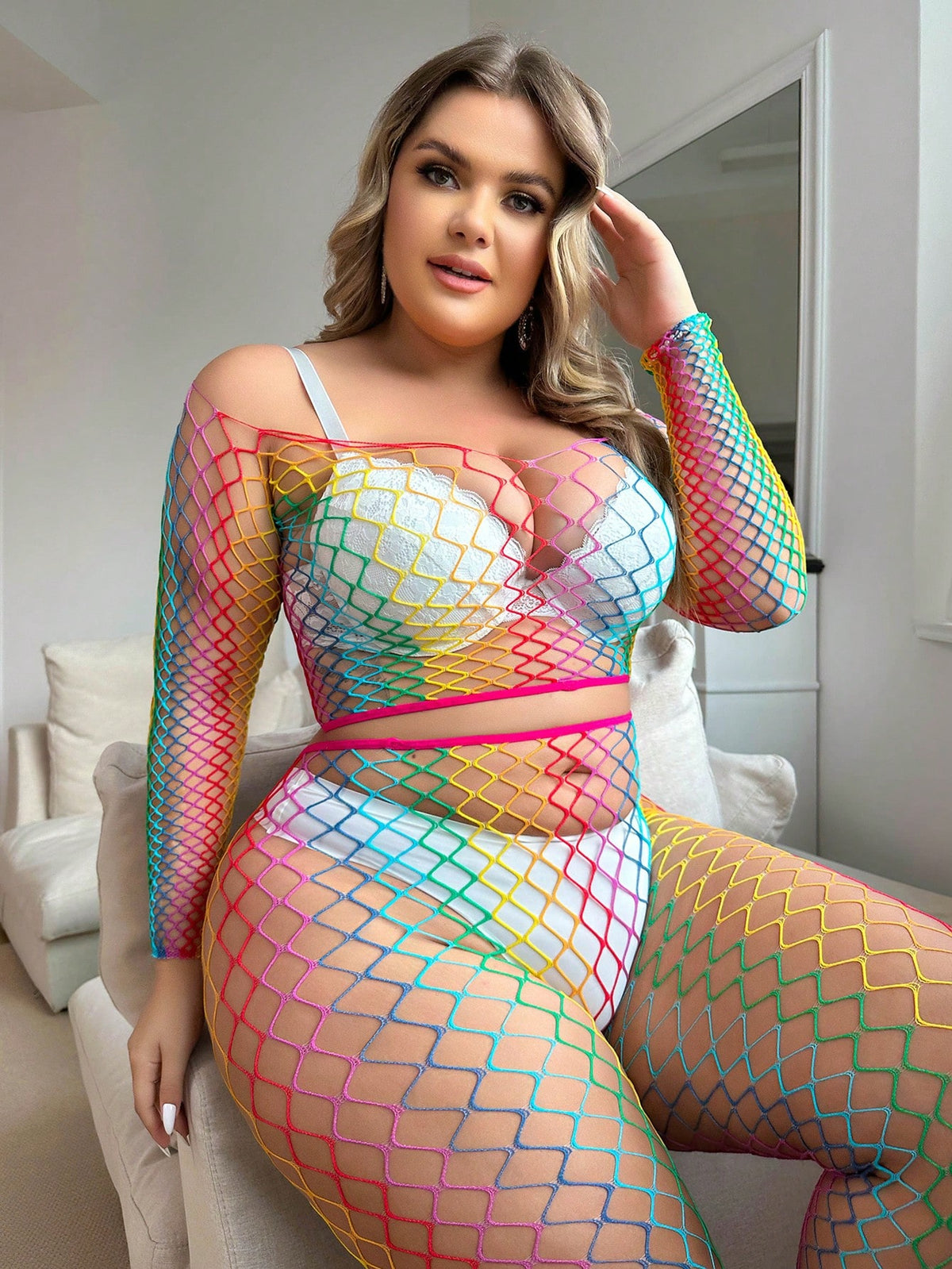 Plus Fishnet Crotchless Bodystocking Without Lingerie Set