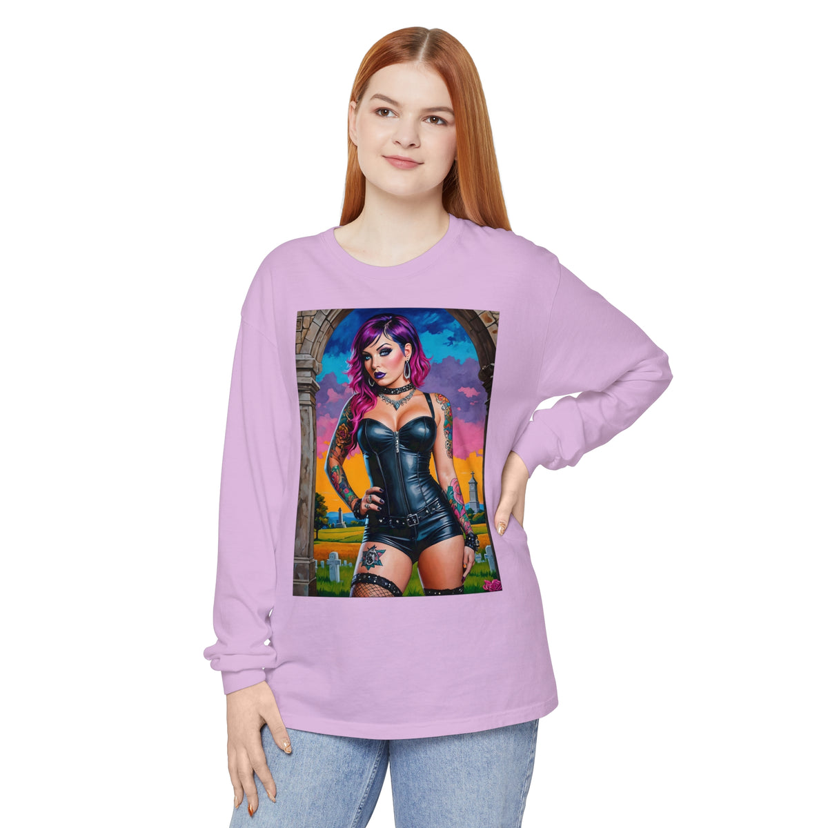 Goth Graveyard Girl Series - Design Three - Unisex Garment-dyed Long Sleeve T-Shirt