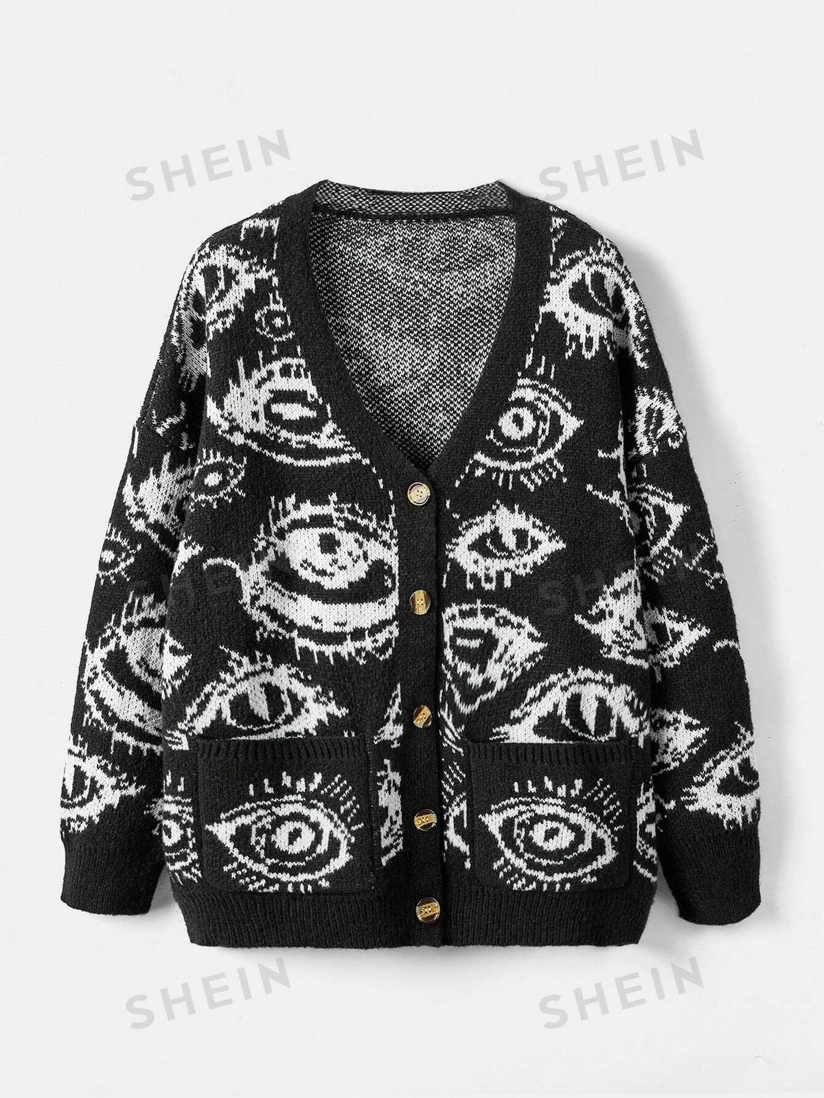 ROMWE Grunge Punk Plus Eye Pattern Drop Shoulder Cardigan