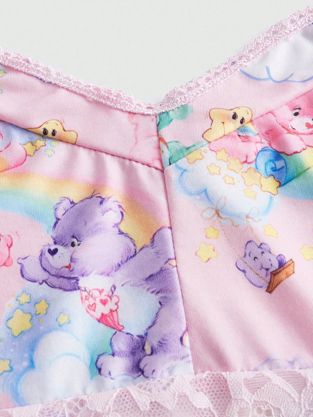 ROMWE X Care Bears Plus Cartoon Print Contrast Lace PJ Set