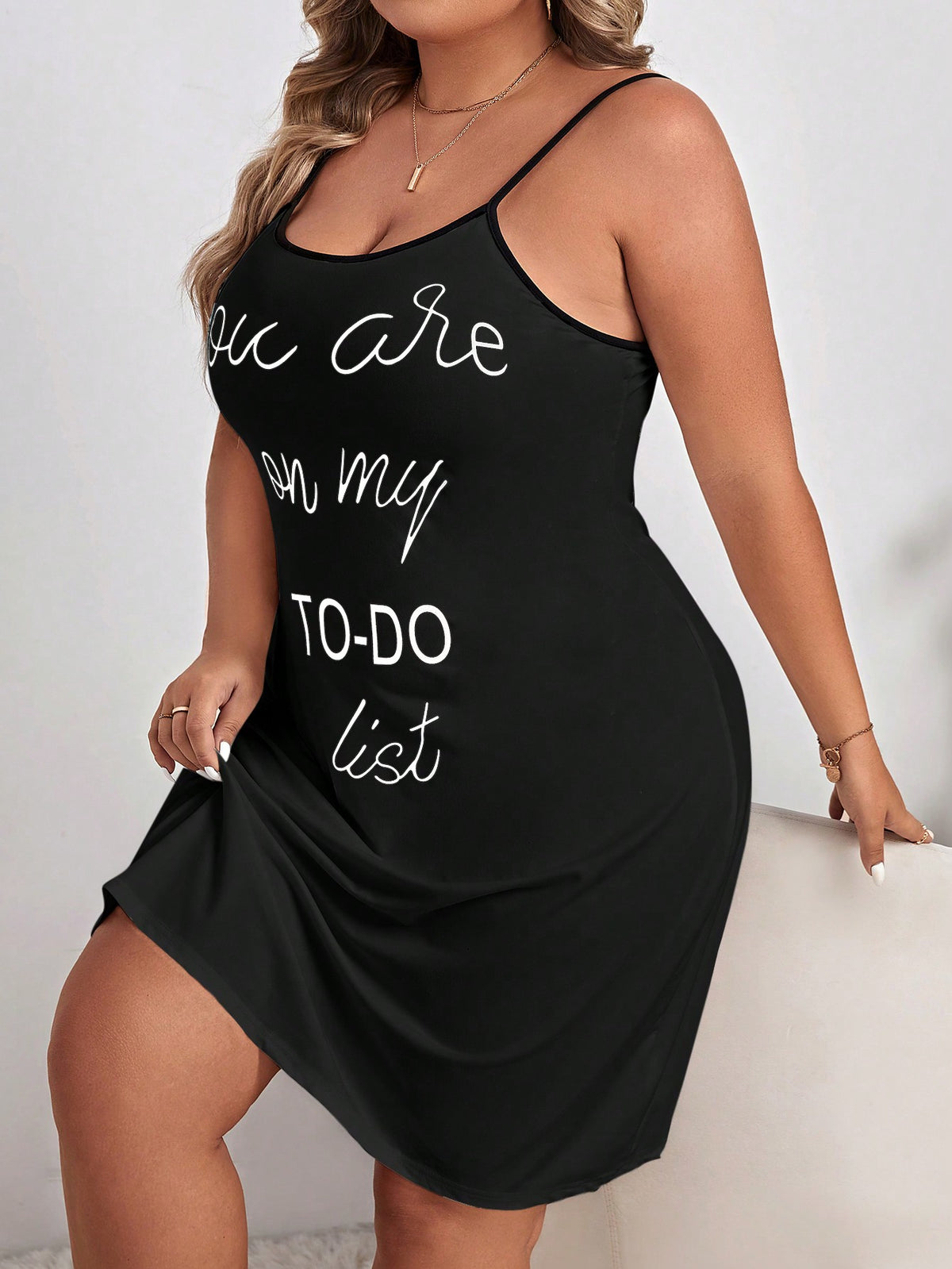 Plus Slogan Graphic Contrast Binding Cami Nightdress