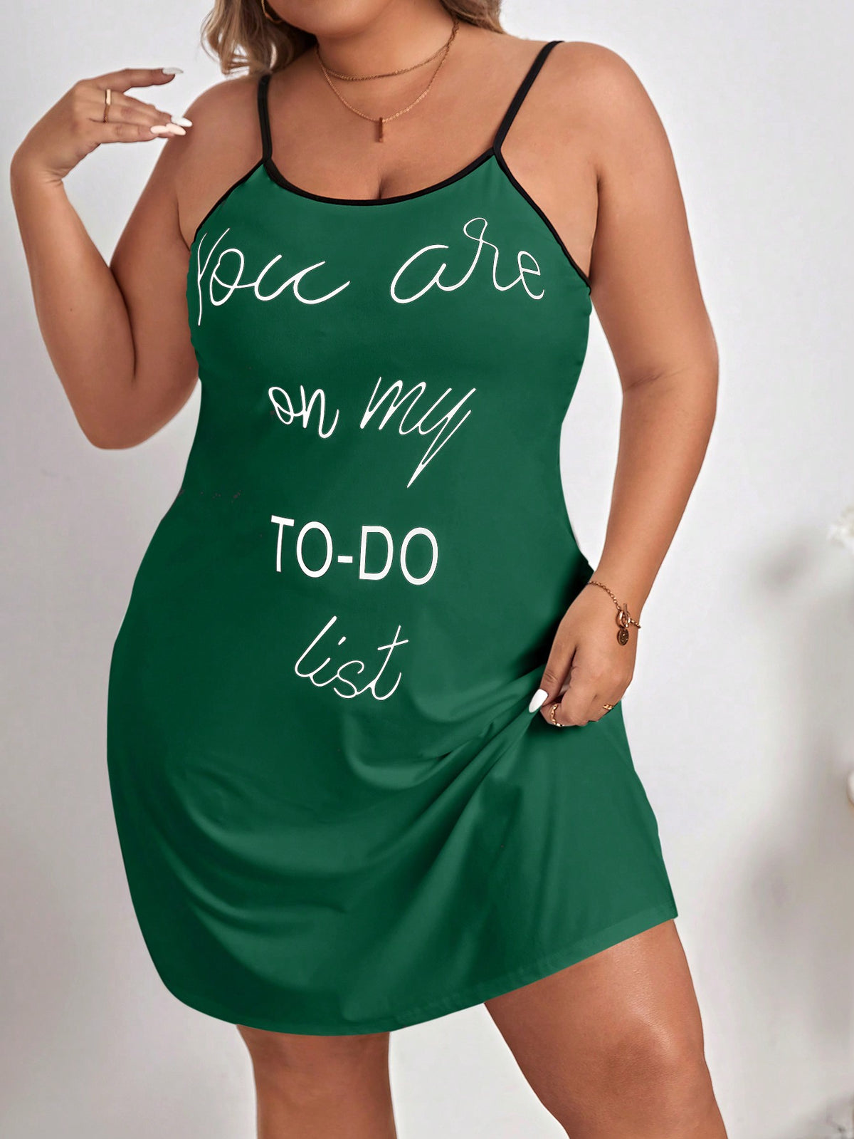 Plus Slogan Graphic Contrast Binding Cami Nightdress