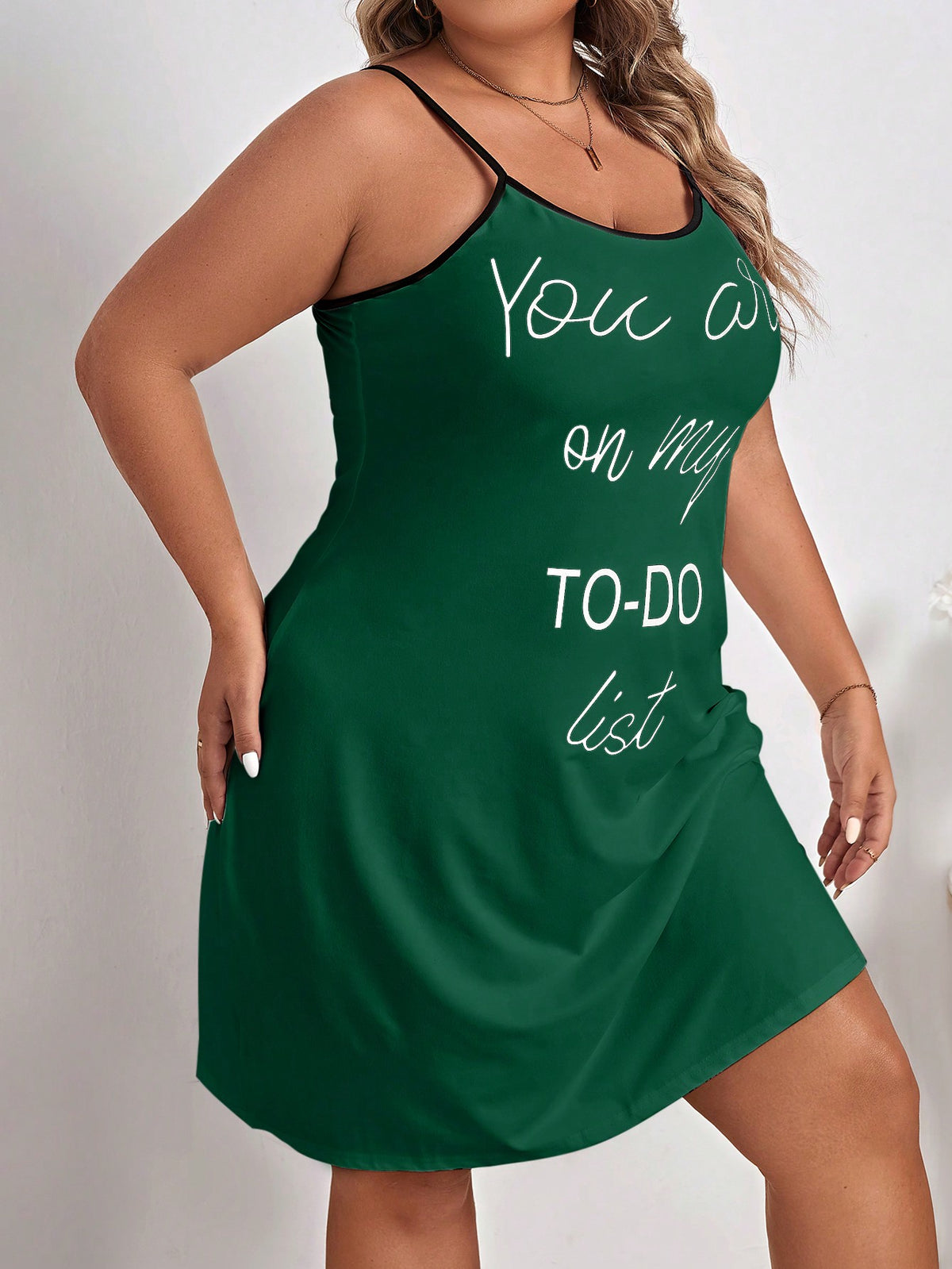 Plus Slogan Graphic Contrast Binding Cami Nightdress