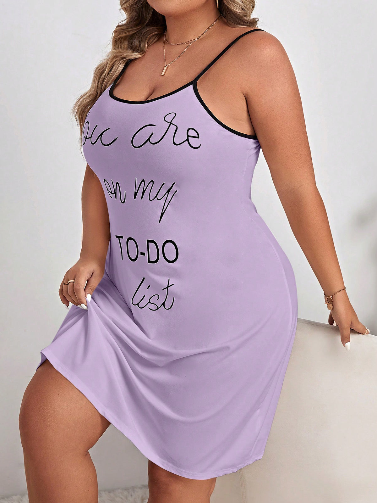 Plus Slogan Graphic Contrast Binding Cami Nightdress