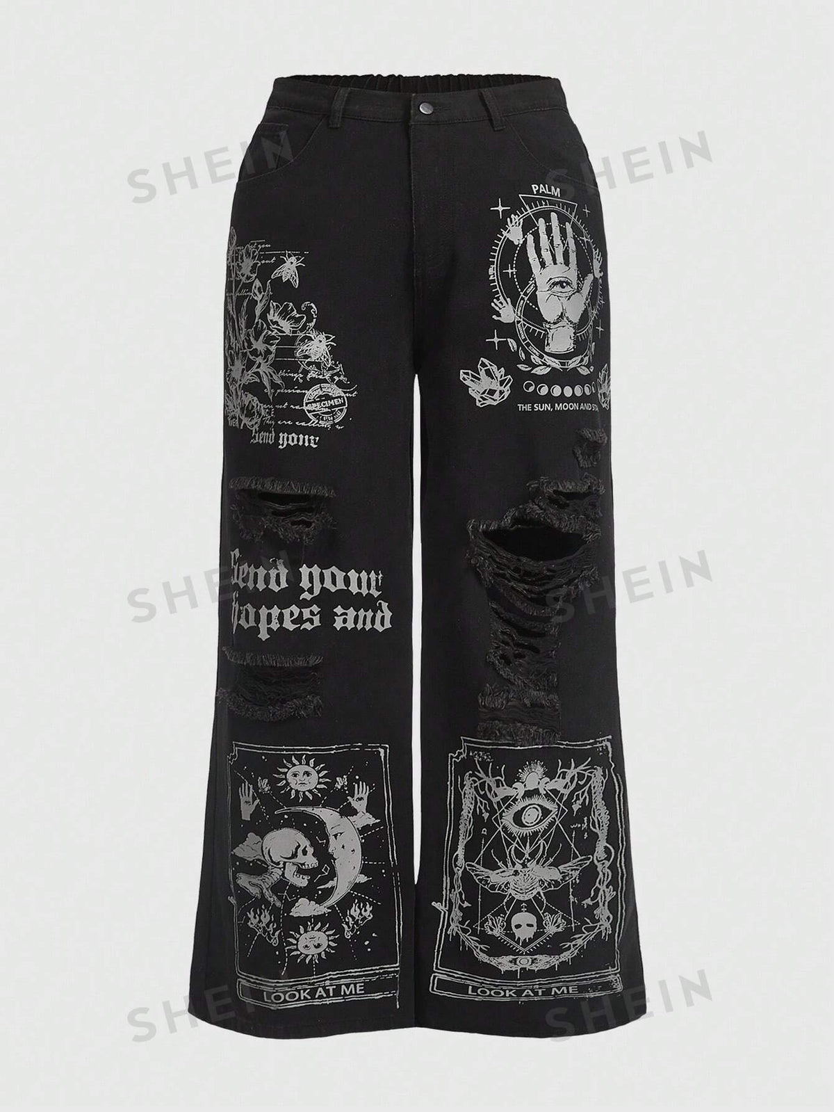 ROMWE Academia Plus Skull & Letter Graphic Ripped Wide Leg Jeans