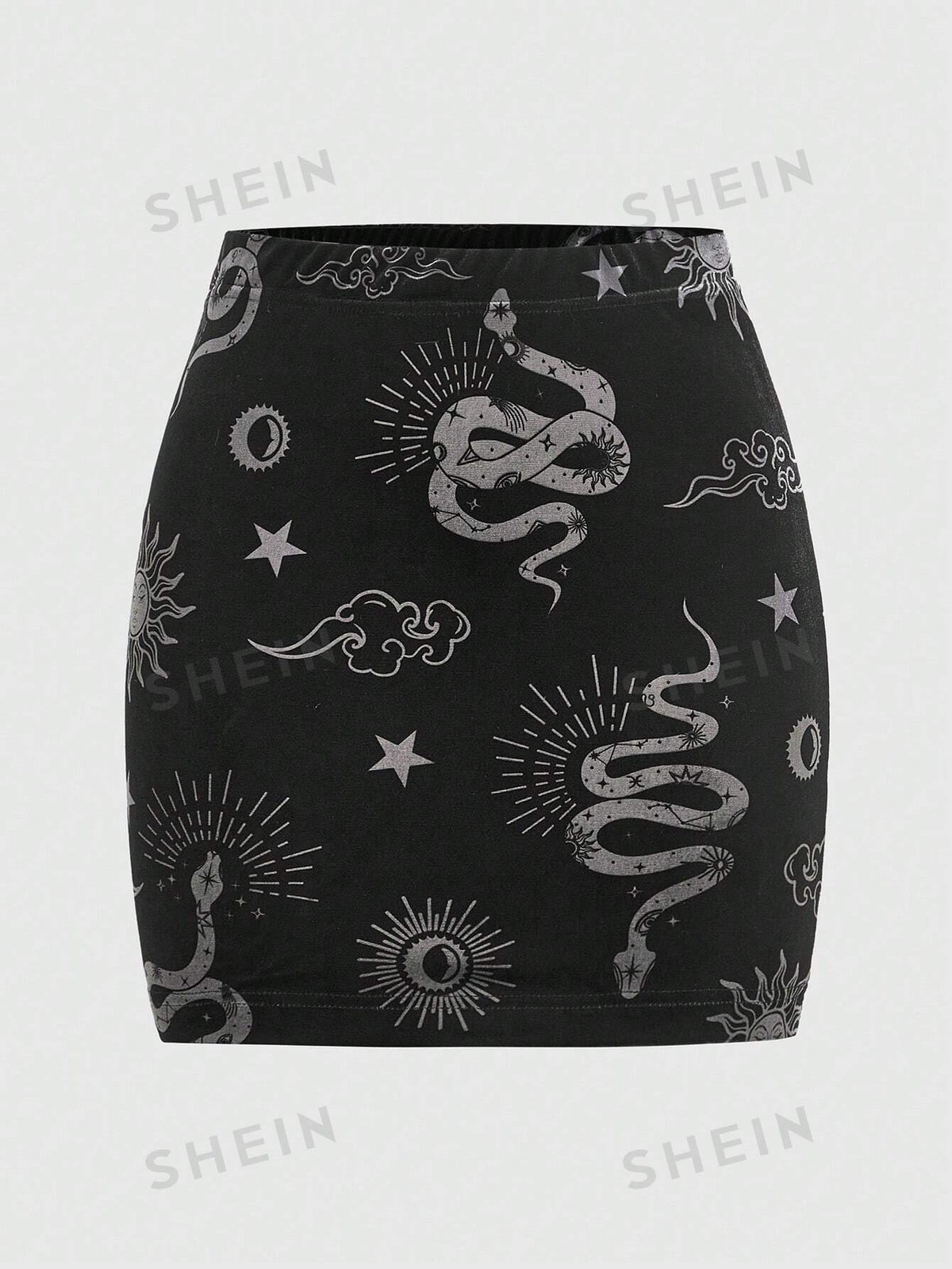 ROMWE Goth Plus Size Velvet Snake Sun Moon Star Printed Bodycon Skirt