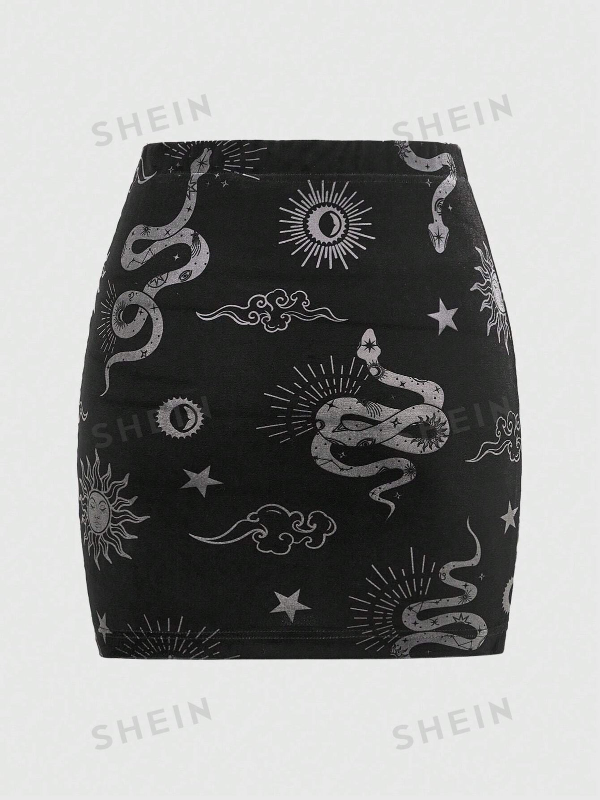 ROMWE Goth Plus Size Velvet Snake Sun Moon Star Printed Bodycon Skirt