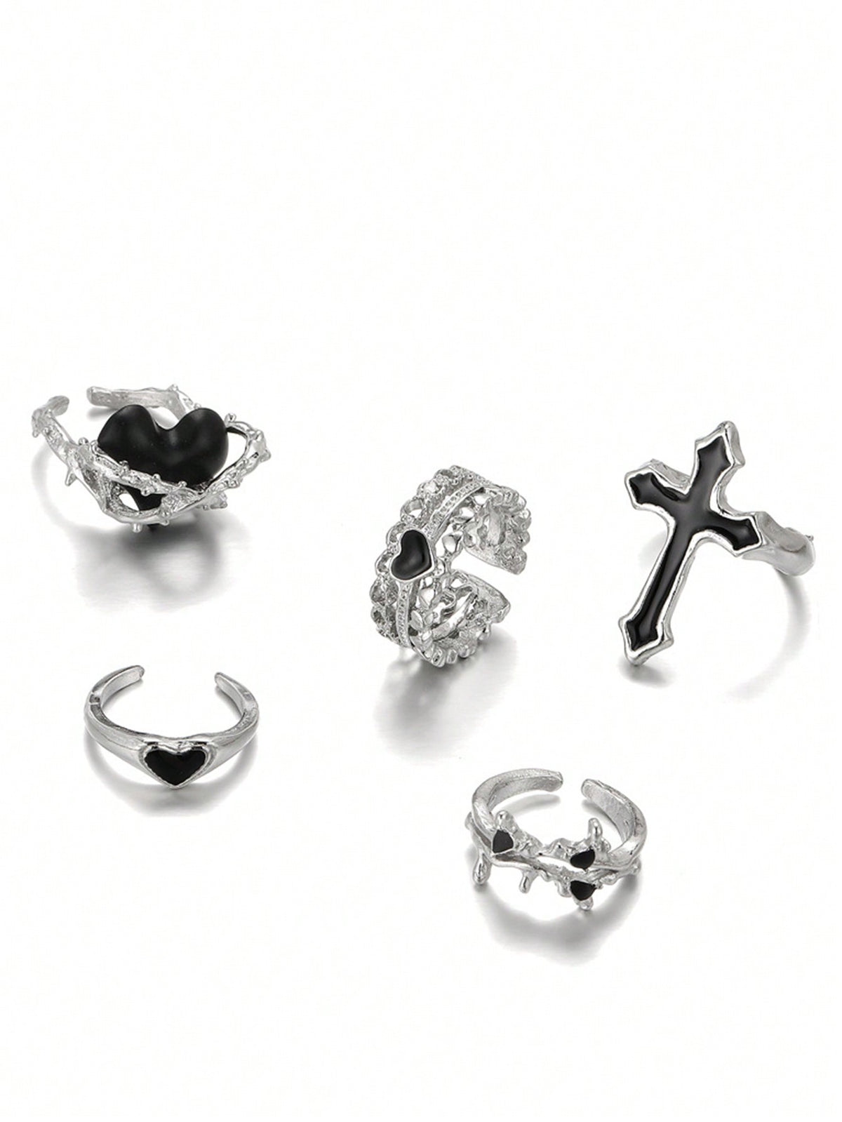 ROMWE Goth 5pcs Funky Zinc Alloy Cross & Heart Decor Ring For Women For Daily Decoration