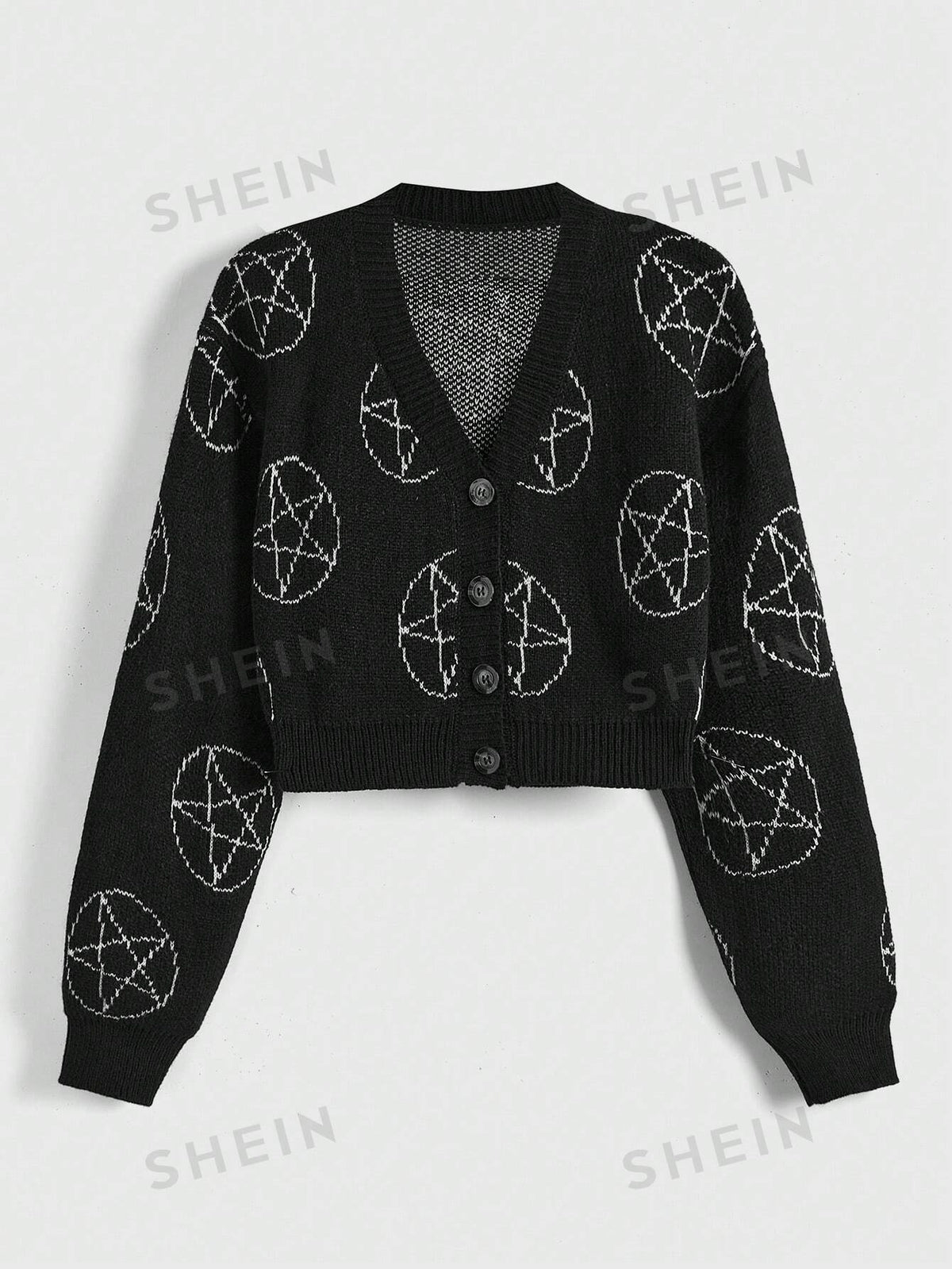 ROMWE Goth Women's Loose Fit Gothic Style Cardigan With Jacquard Pattern & Pentagram Detail