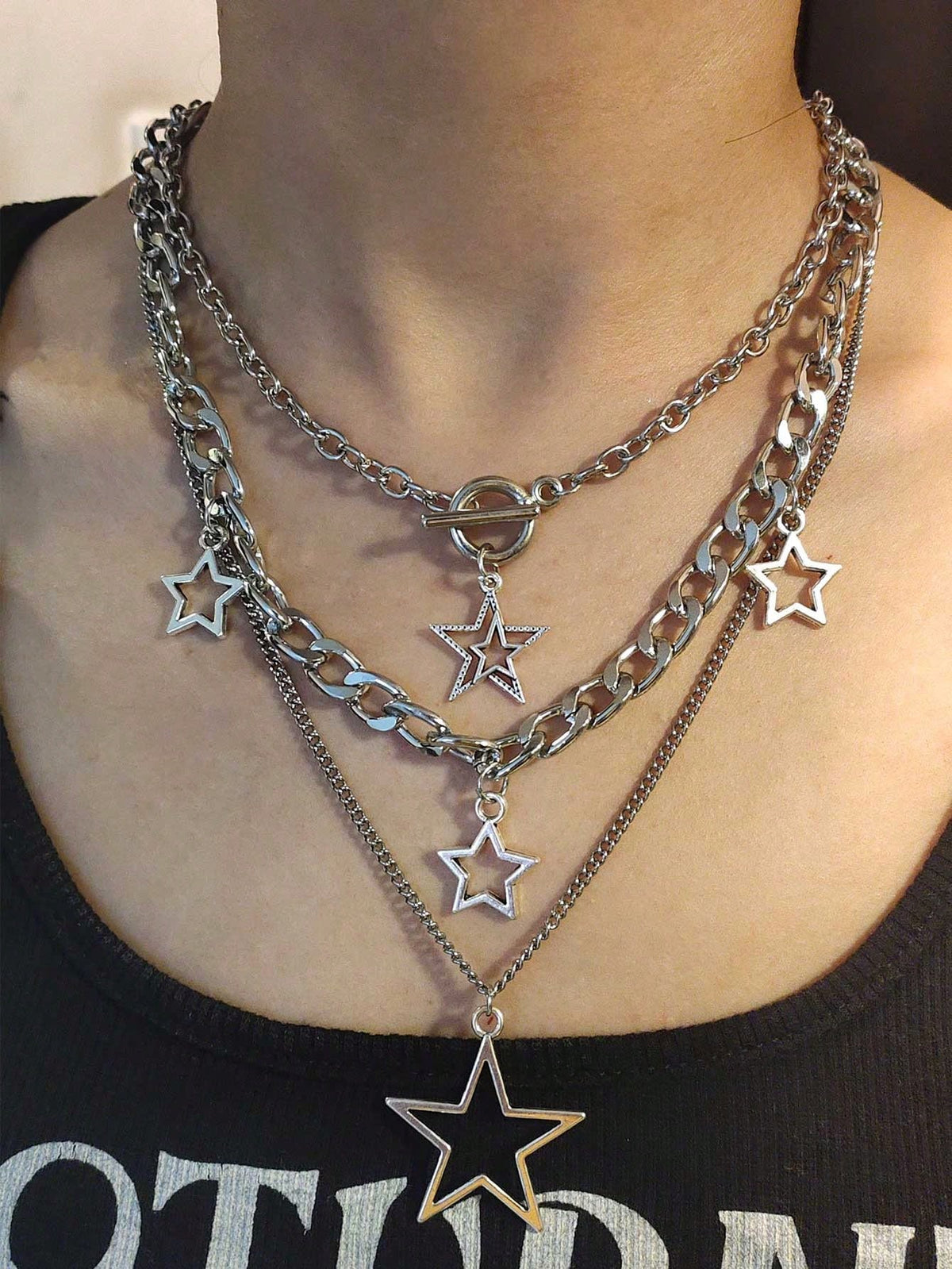 ROMWE Goth 3pcs Fashion Zinc Alloy Star Charm Necklace For Women For Daily Decoration