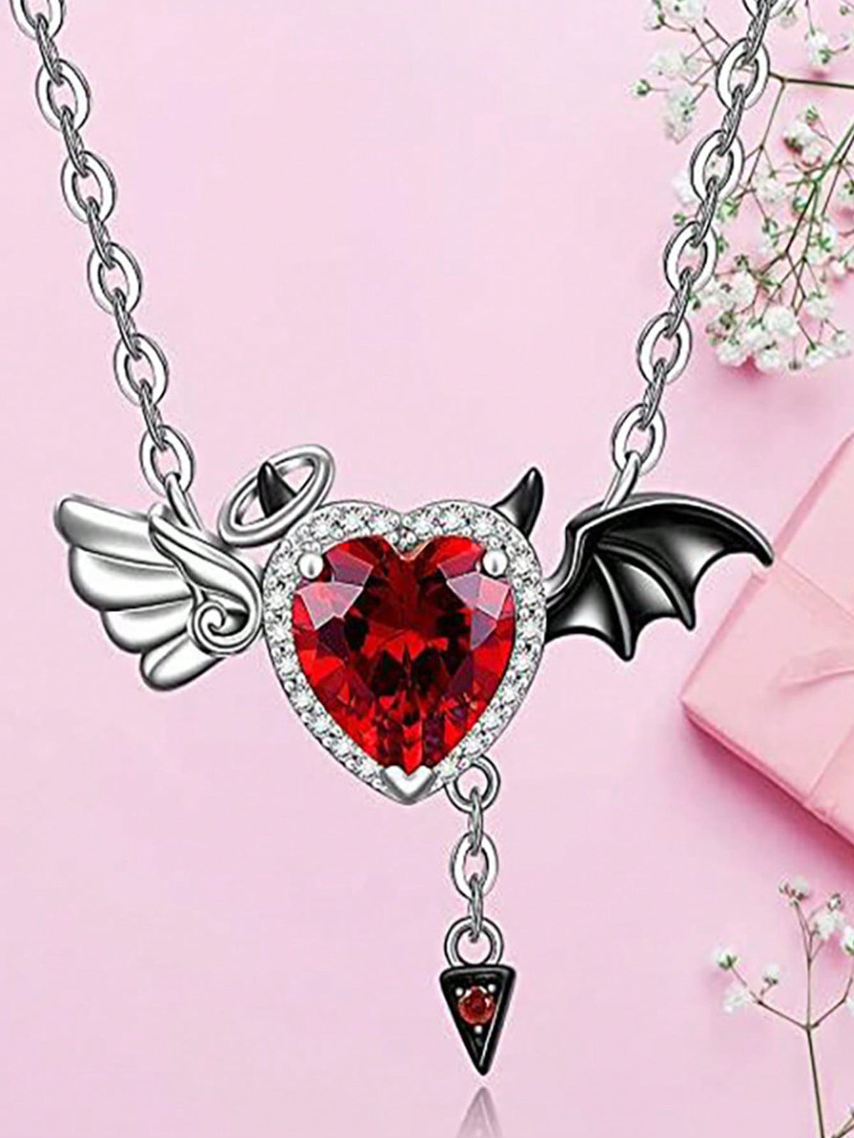 ROMWE Goth Devil Angel Wings Heart Shaped Pendant Necklace With Rhinestones And Chain