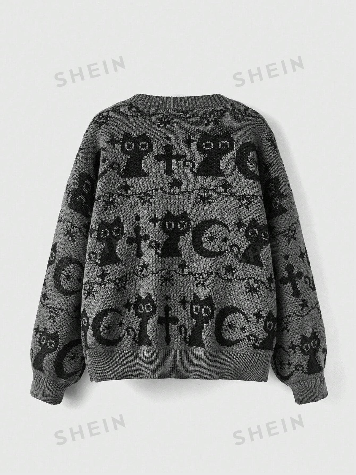 ROMWE Goth Plus Size Sweater With Cat And Cross Design Round Neck