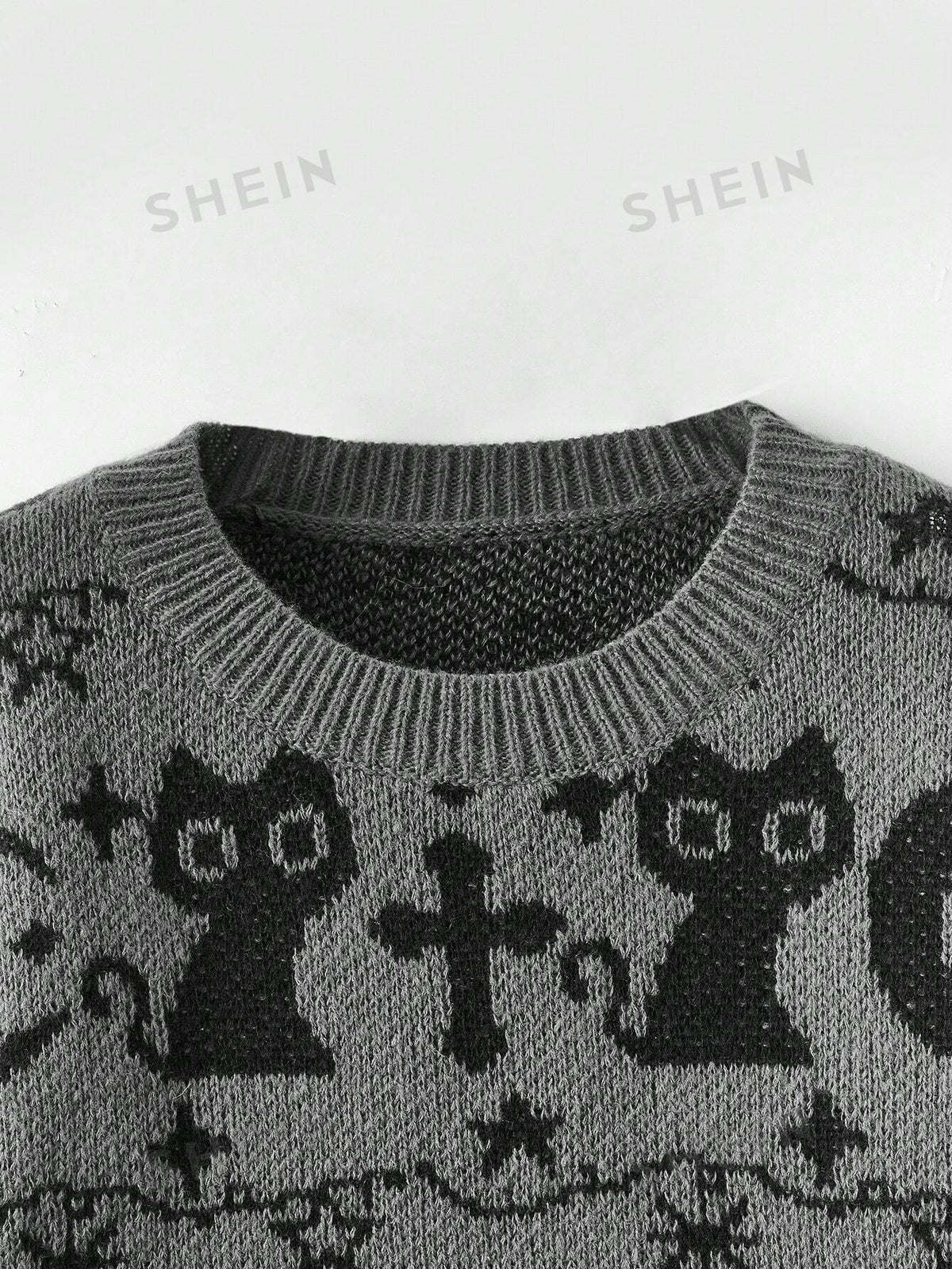 ROMWE Goth Plus Size Sweater With Cat And Cross Design Round Neck