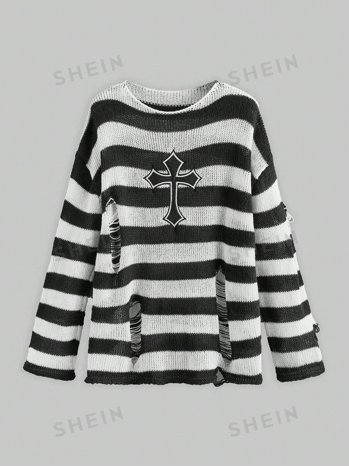 ROMWE Goth Plus Size Striped Cross Pattern Pullover Sweater