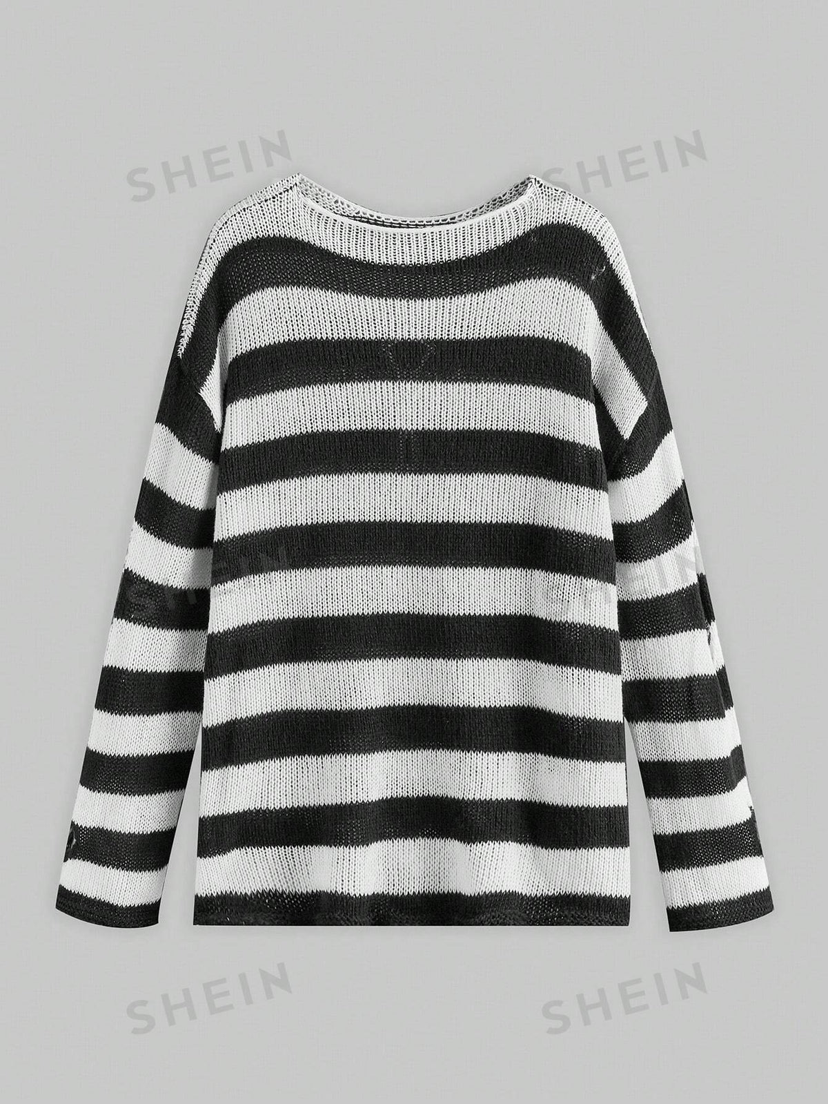 ROMWE Goth Plus Size Striped Cross Pattern Pullover Sweater