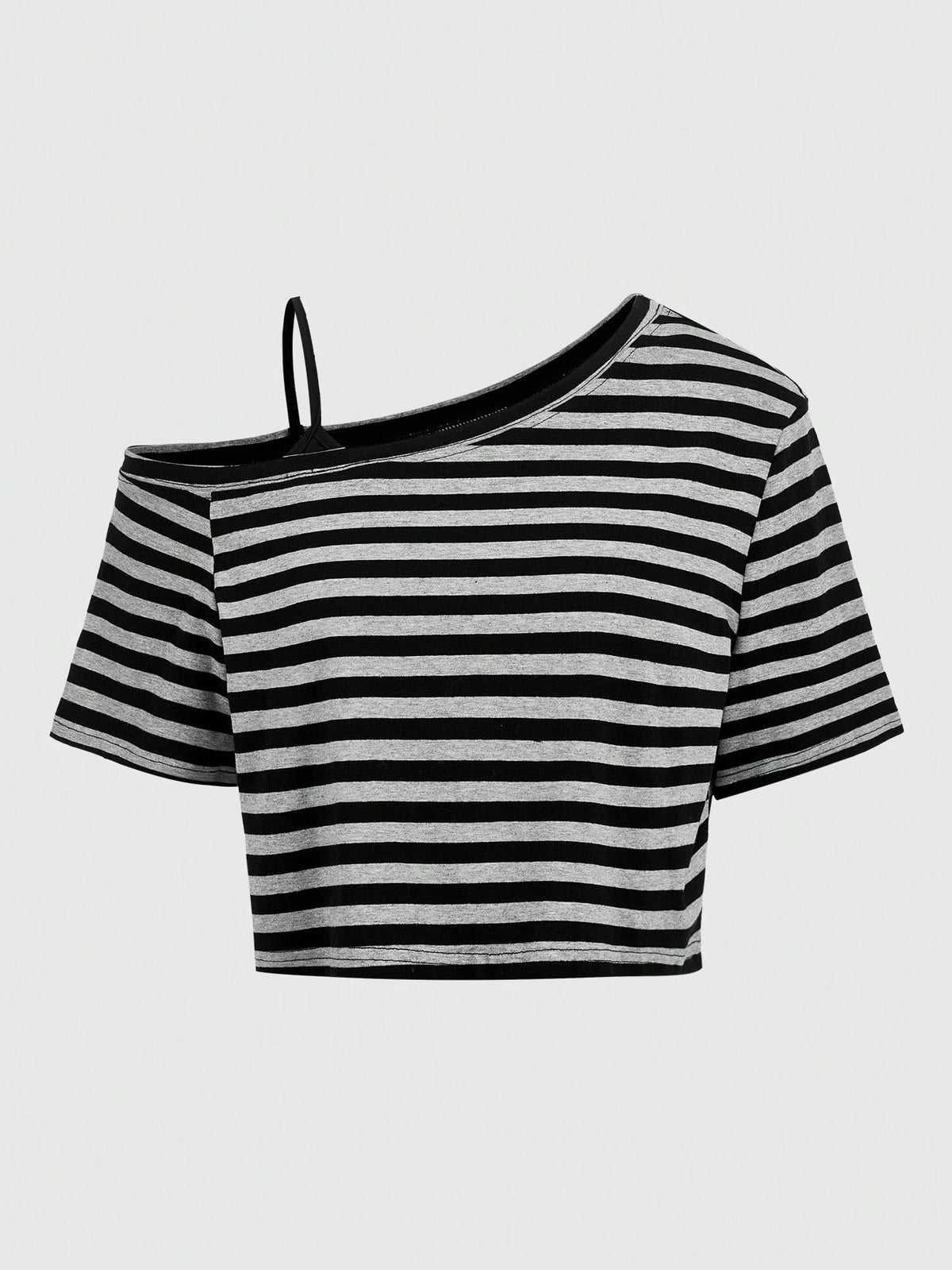 ROMWE Grunge Punk Punk Street Style Oblique Shoulder 2 In 1 Black & Gray Striped Loose Plus Size T-Shirt