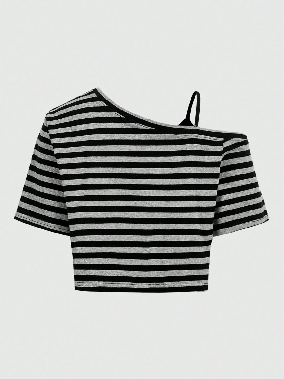 ROMWE Grunge Punk Punk Street Style Oblique Shoulder 2 In 1 Black & Gray Striped Loose Plus Size T-Shirt