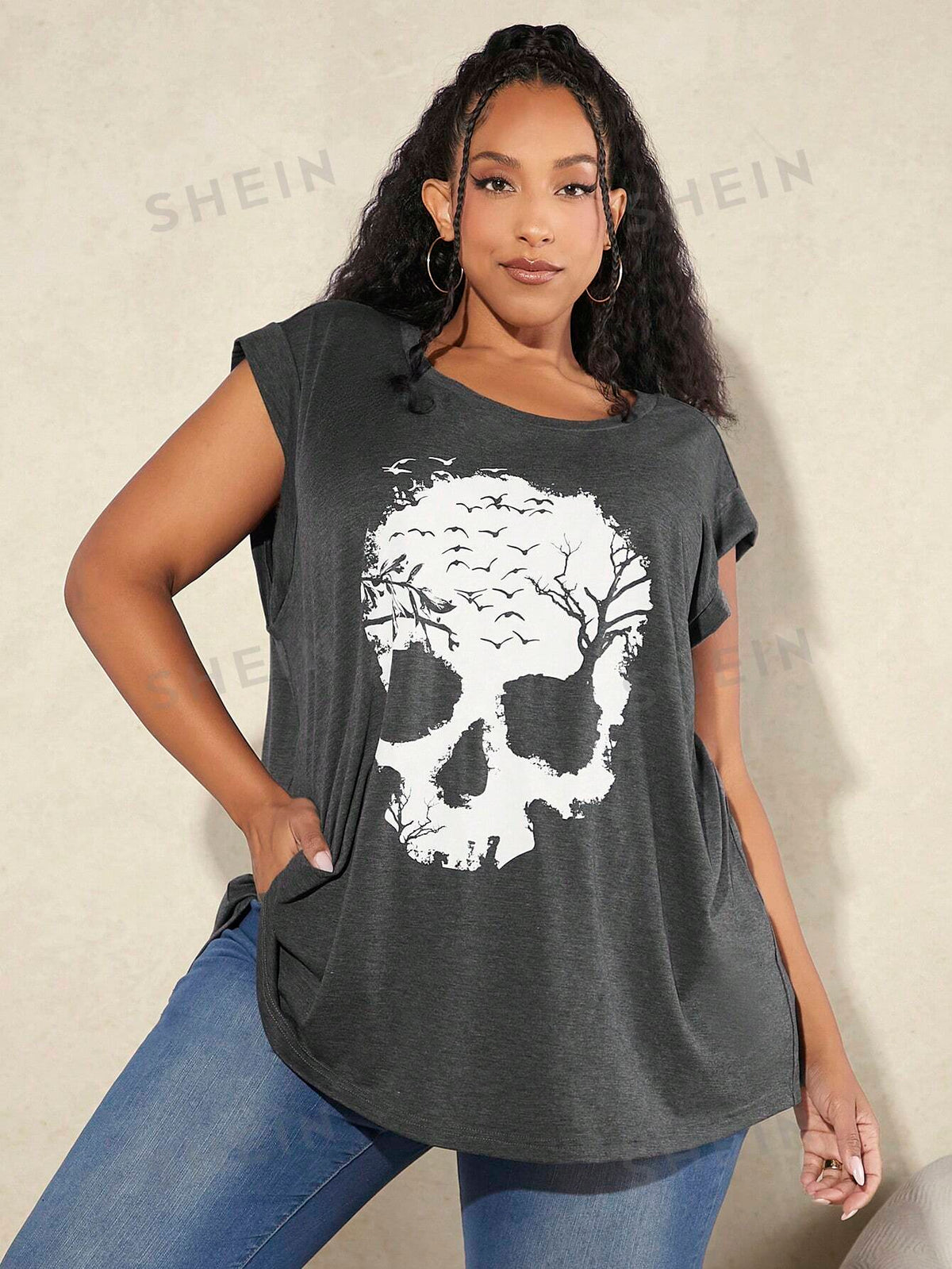 CURVE  Plus Size Women's Skull Print T-shirt