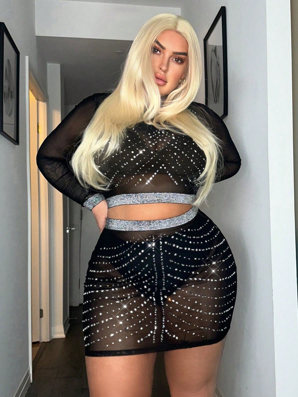 Plus Rhinestone Detail See Through Mesh Top & Bodycon Skirt Party Outfit Sexy Outfits Club