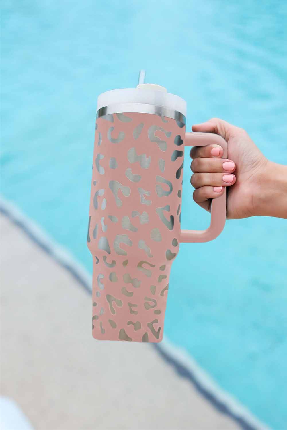 White 40oz Stainless Steel Portable Leopard Tumbler Mug With Handle