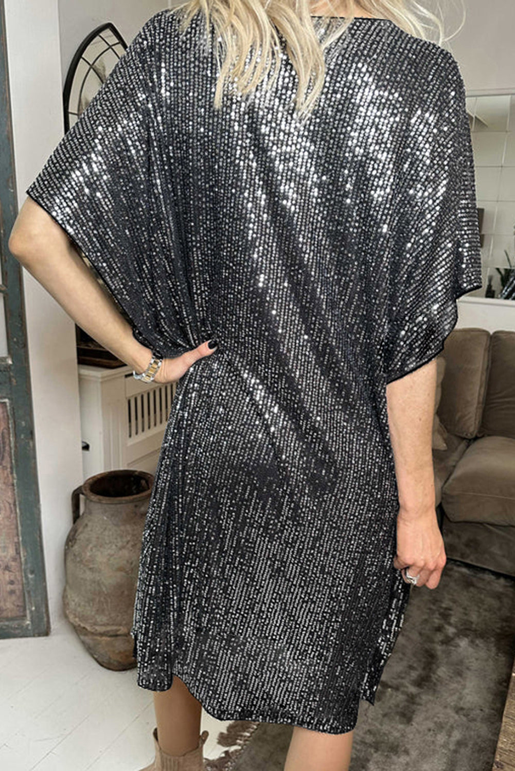 Elegant Dark Grey Sequin V-Neck Dolman Sleeve Shift Dress