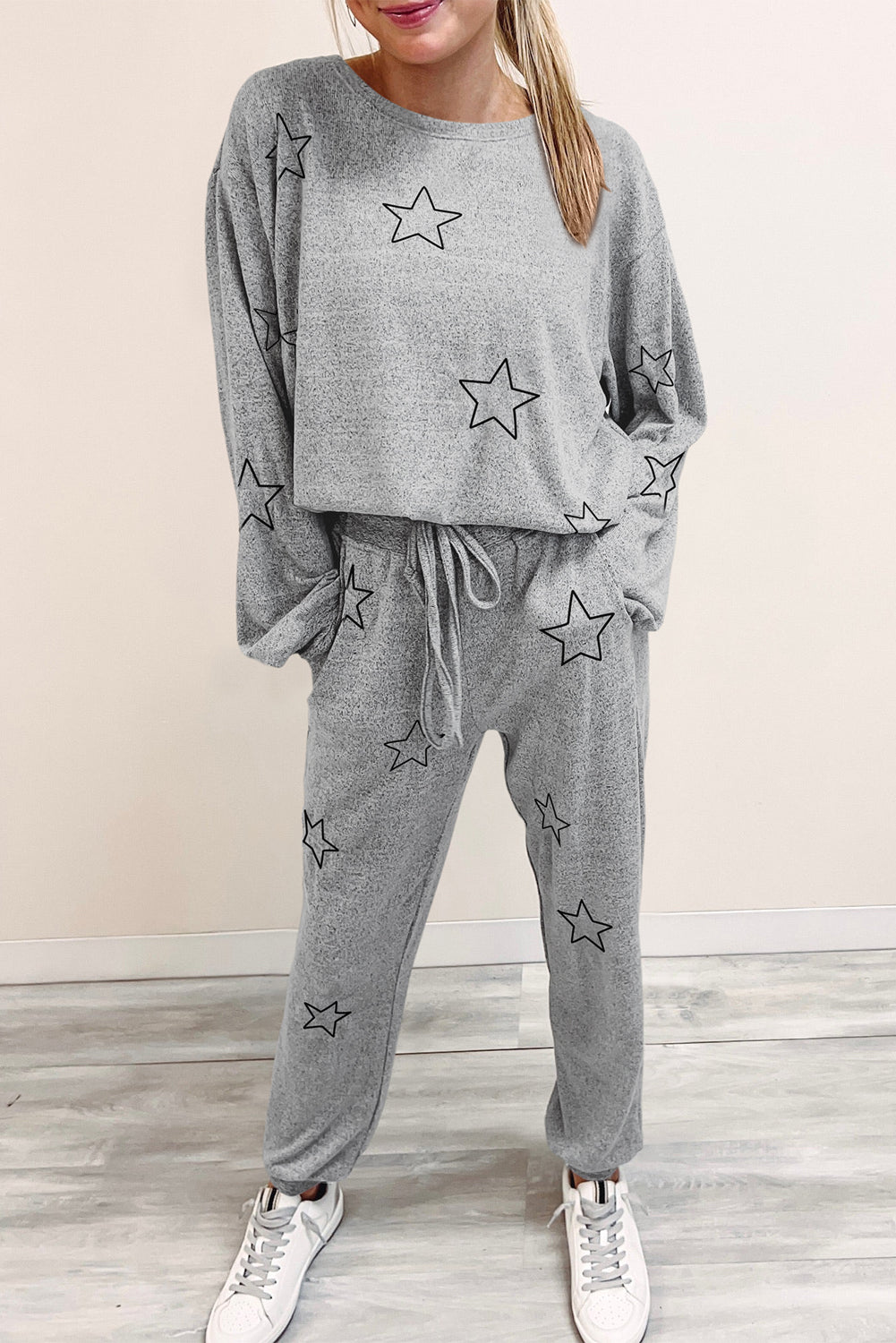 Gray Stars Print Long Sleeve Top and Drawstring Pants Set