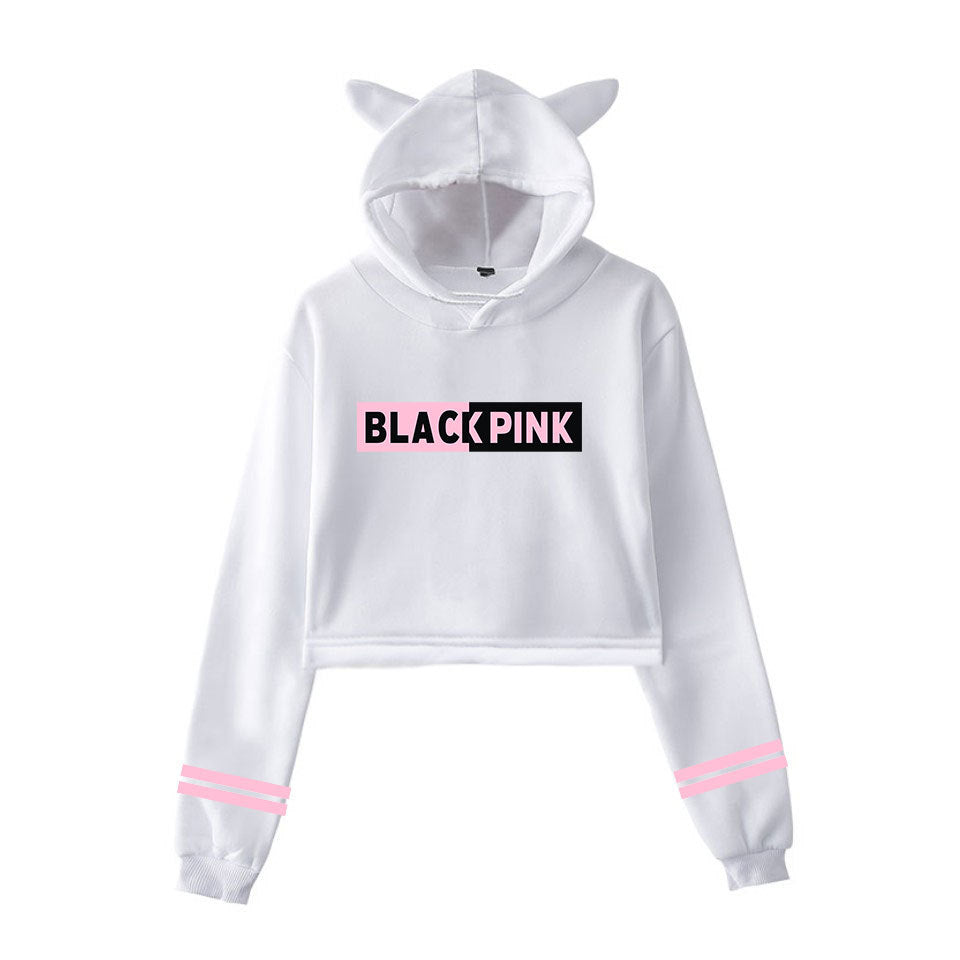 Printed Cat Ears Casual Crop Hood Sweatshirt