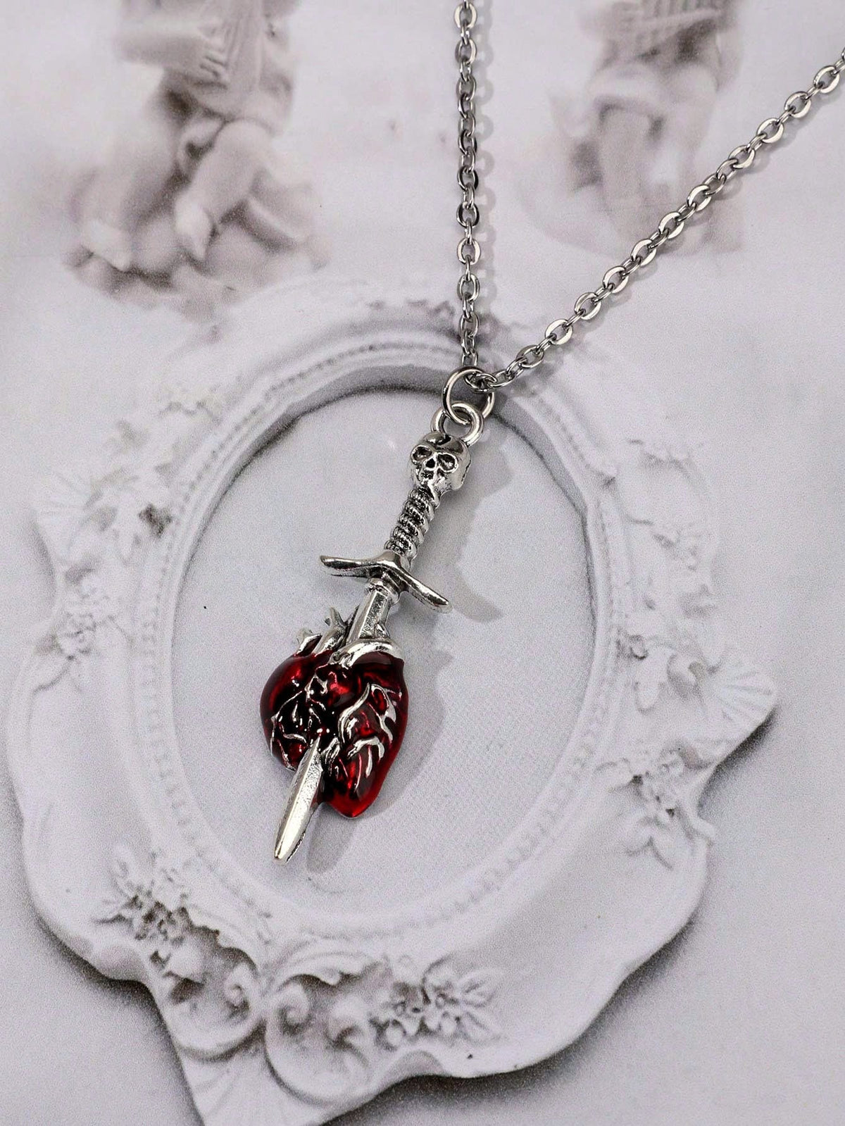 ROMWE Goth Gothic Style Skull Head Sword & Heart Shaped Pendant Necklace