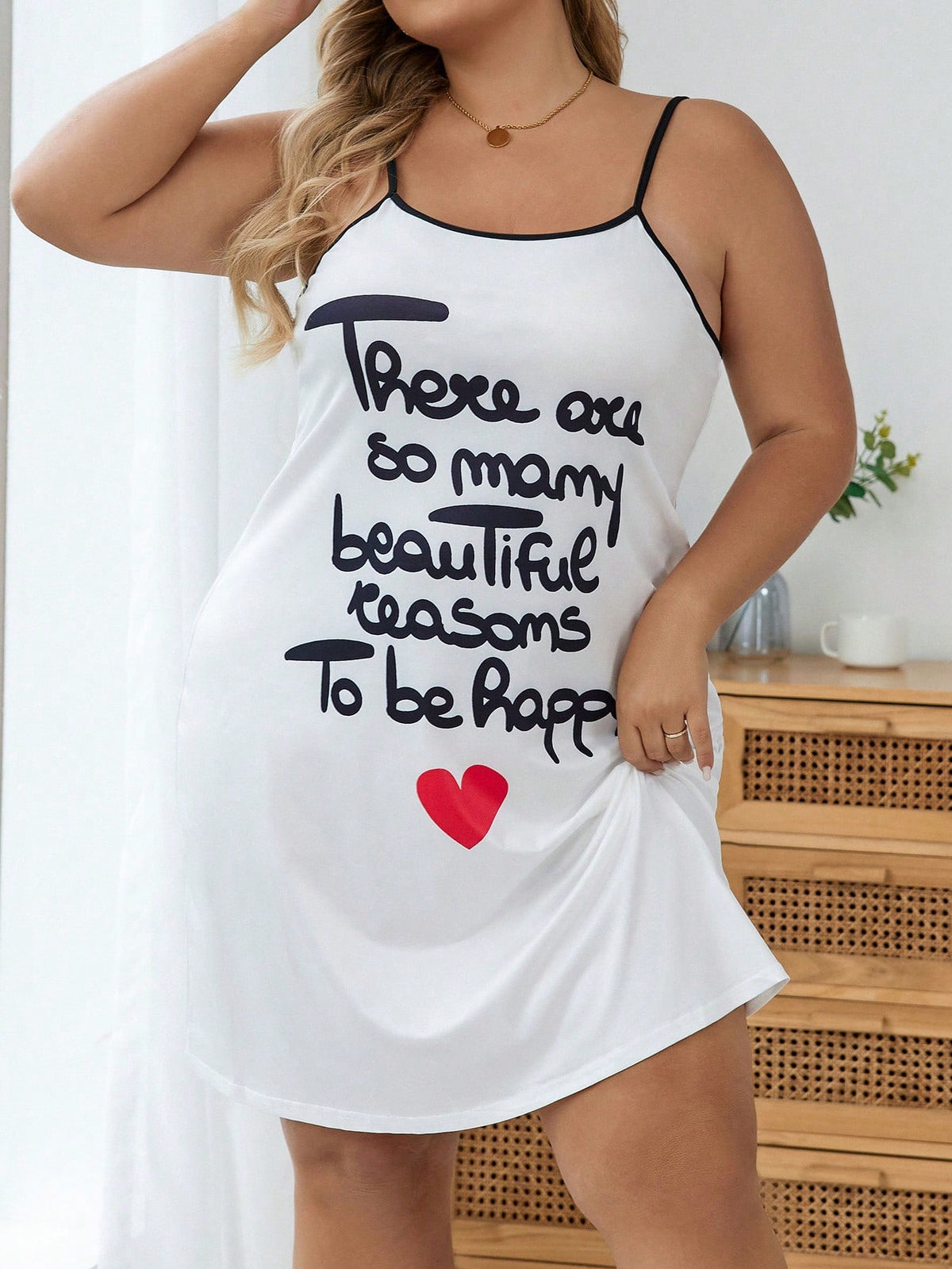 Plus Slogan Graphic Contrast Binding Cami Nightdress