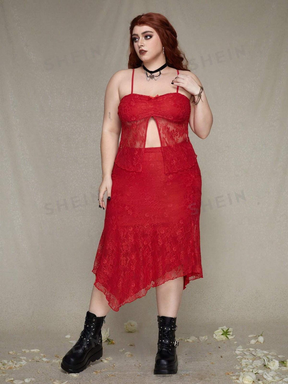 ROMWE PUNK Plus Size Lace Trim Camisole Top With High Slit Hem And Asymmetrical Hem Skirt Set