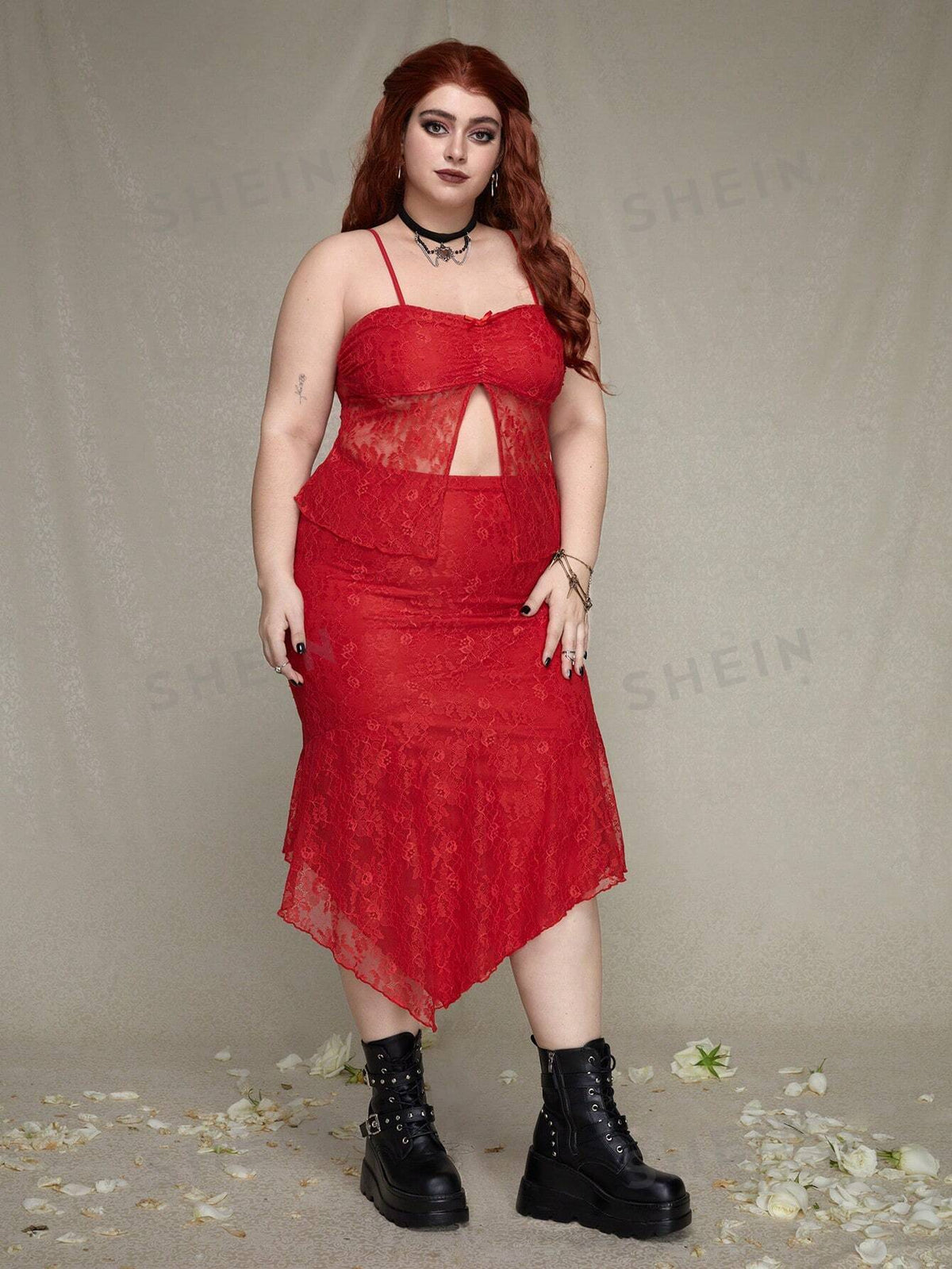 ROMWE PUNK Plus Size Lace Trim Camisole Top With High Slit Hem And Asymmetrical Hem Skirt Set