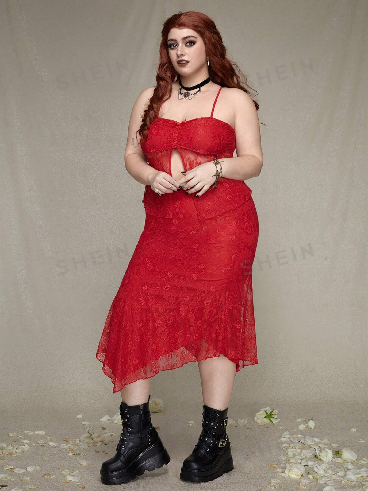 ROMWE PUNK Plus Size Lace Trim Camisole Top With High Slit Hem And Asymmetrical Hem Skirt Set