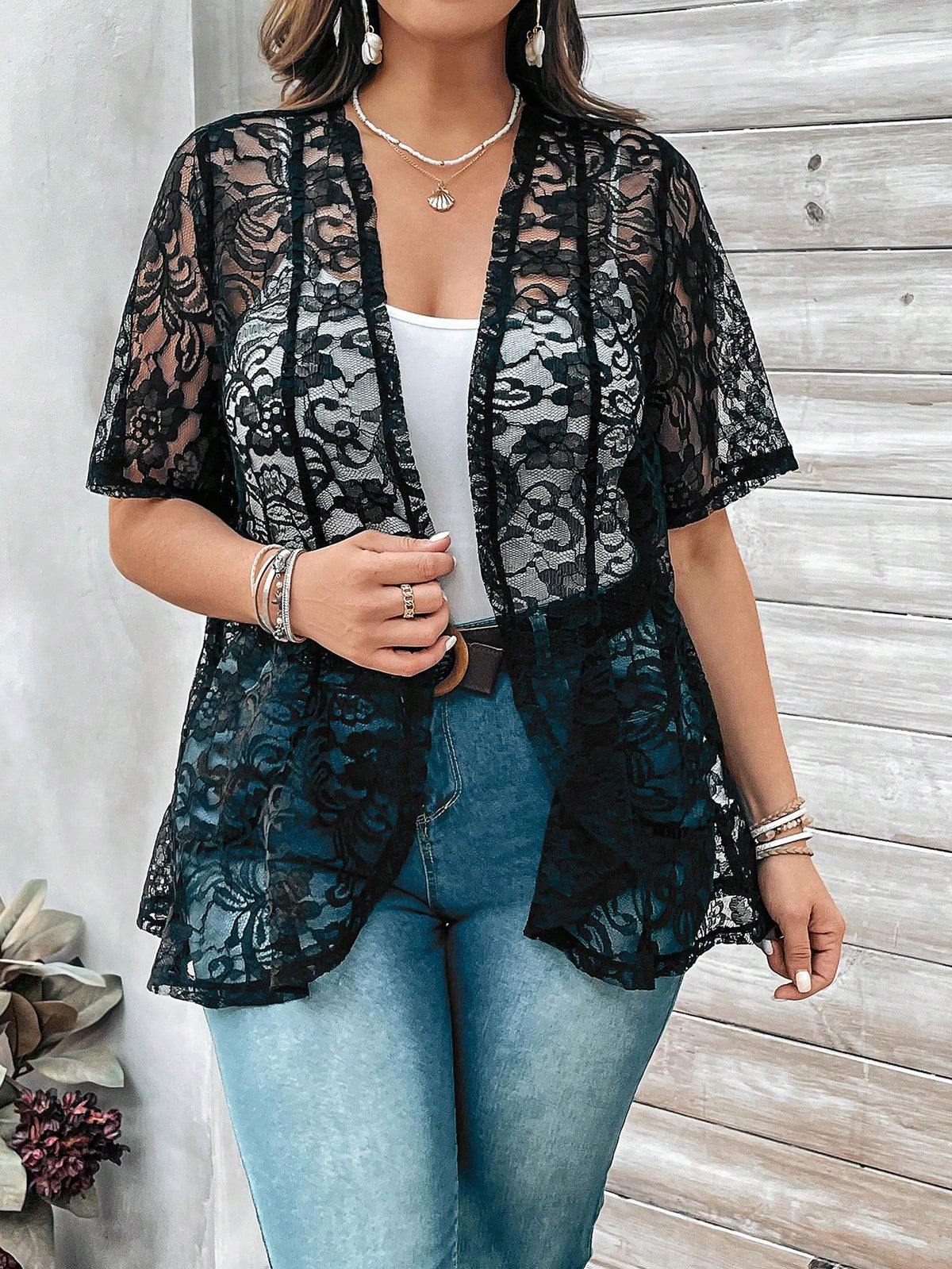 EMERY ROSE Plus Size Women'S Lace Open Front Cardigan For Spring