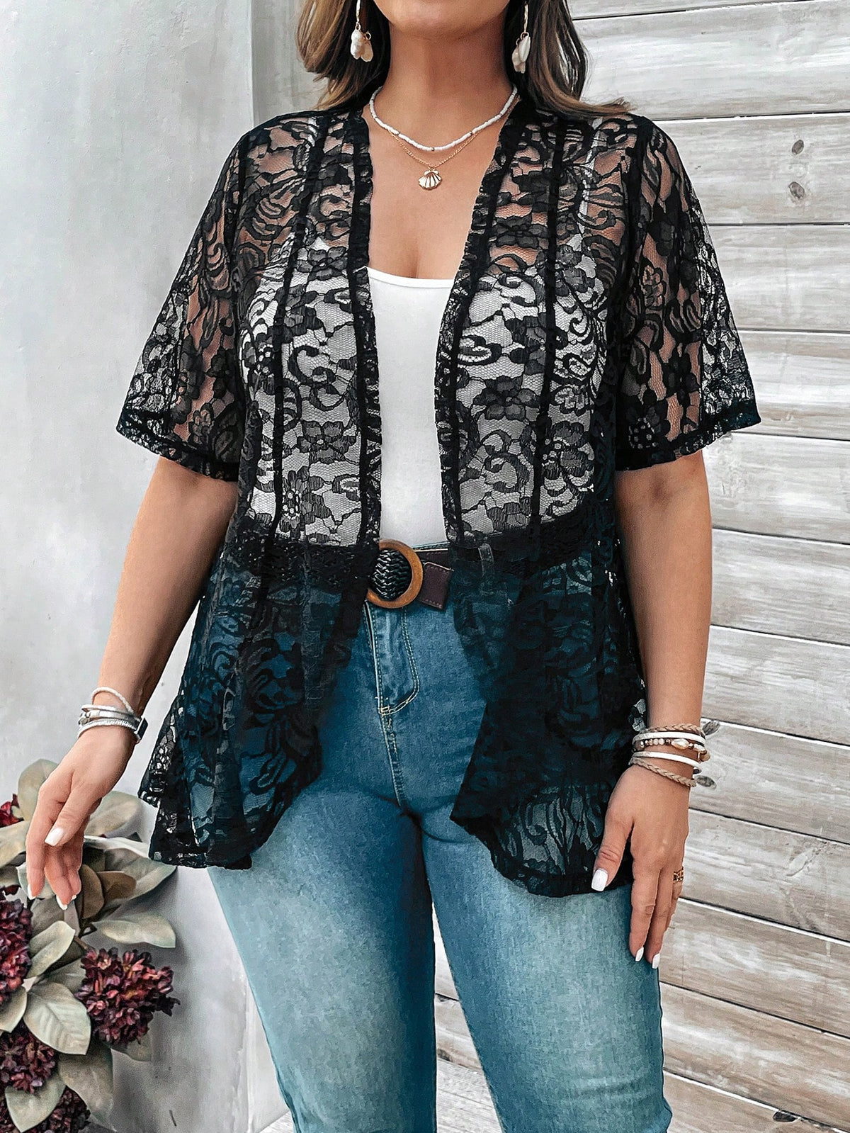 EMERY ROSE Plus Size Women'S Lace Open Front Cardigan For Spring
