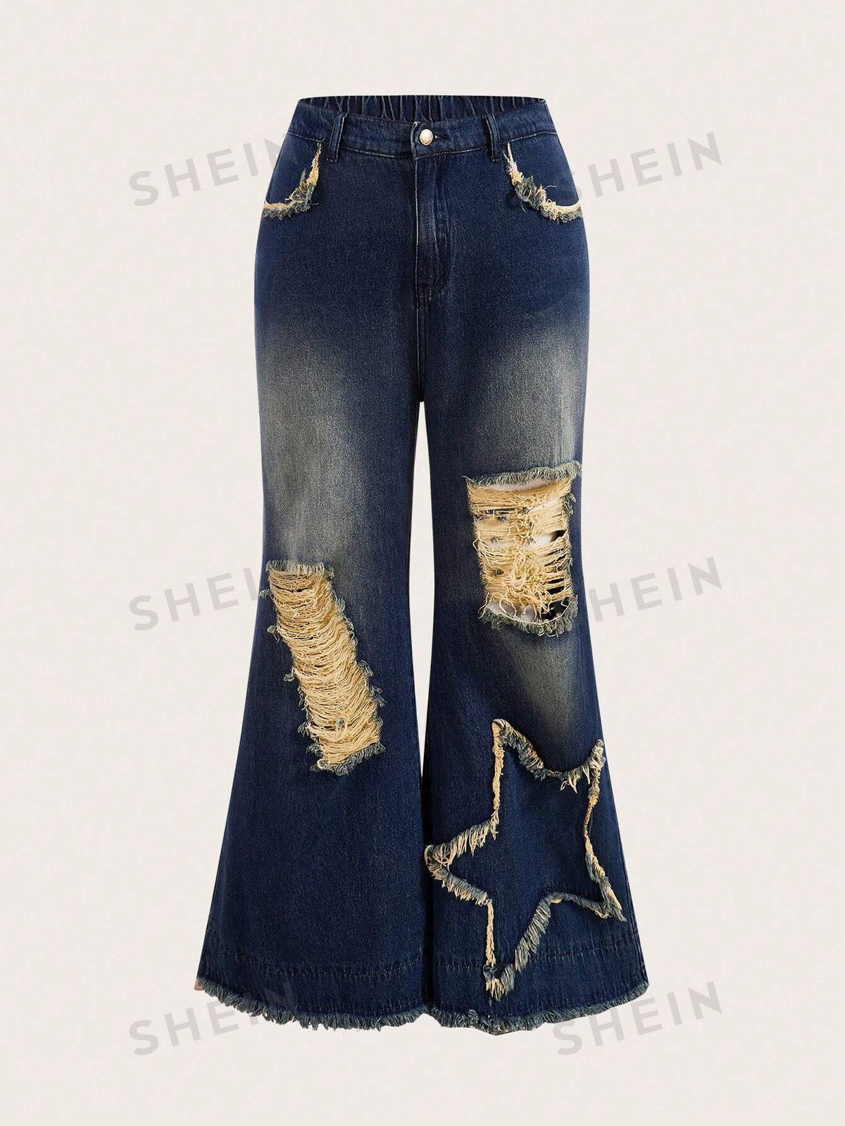ROMWE PUNK Women's Plus Size Blue Distressed Jeans