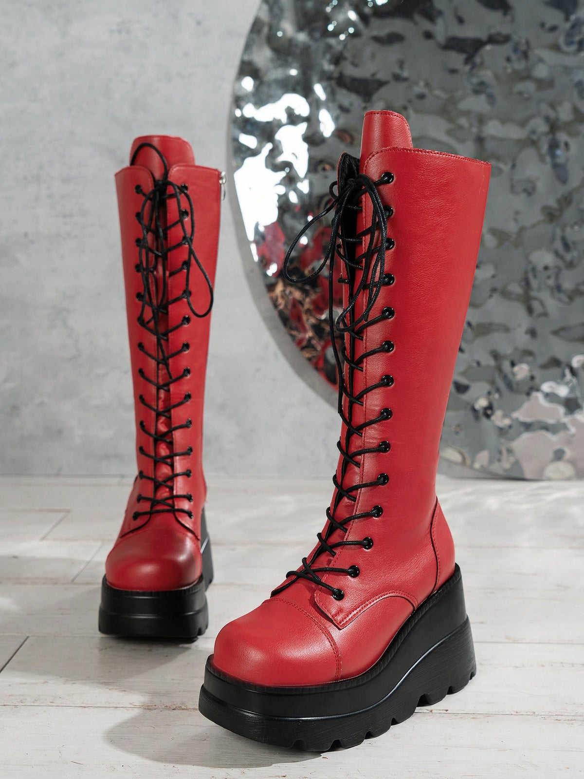 ROMWE Grunge Punk Women's 2024 Autumn/Winter Lace-Up Side Zipper Big Red Punk Wedge Boots