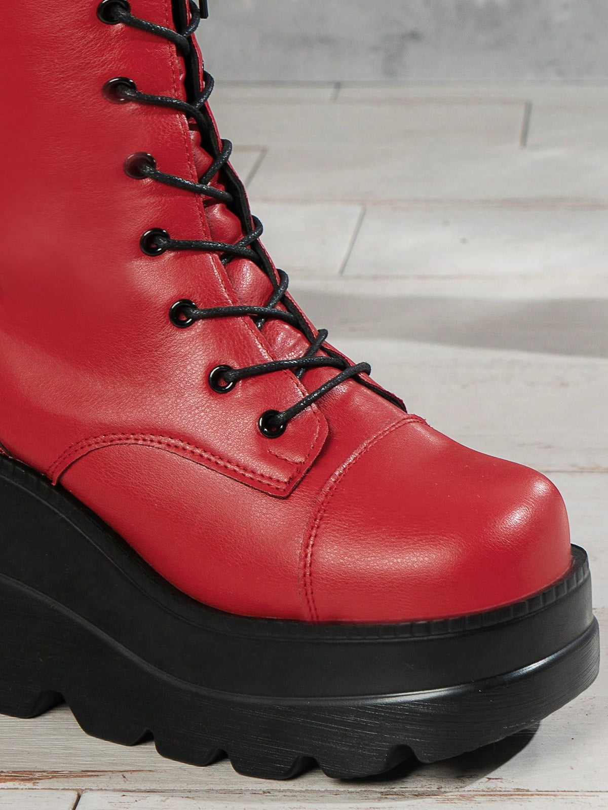 ROMWE Grunge Punk Women's 2024 Autumn/Winter Lace-Up Side Zipper Big Red Punk Wedge Boots
