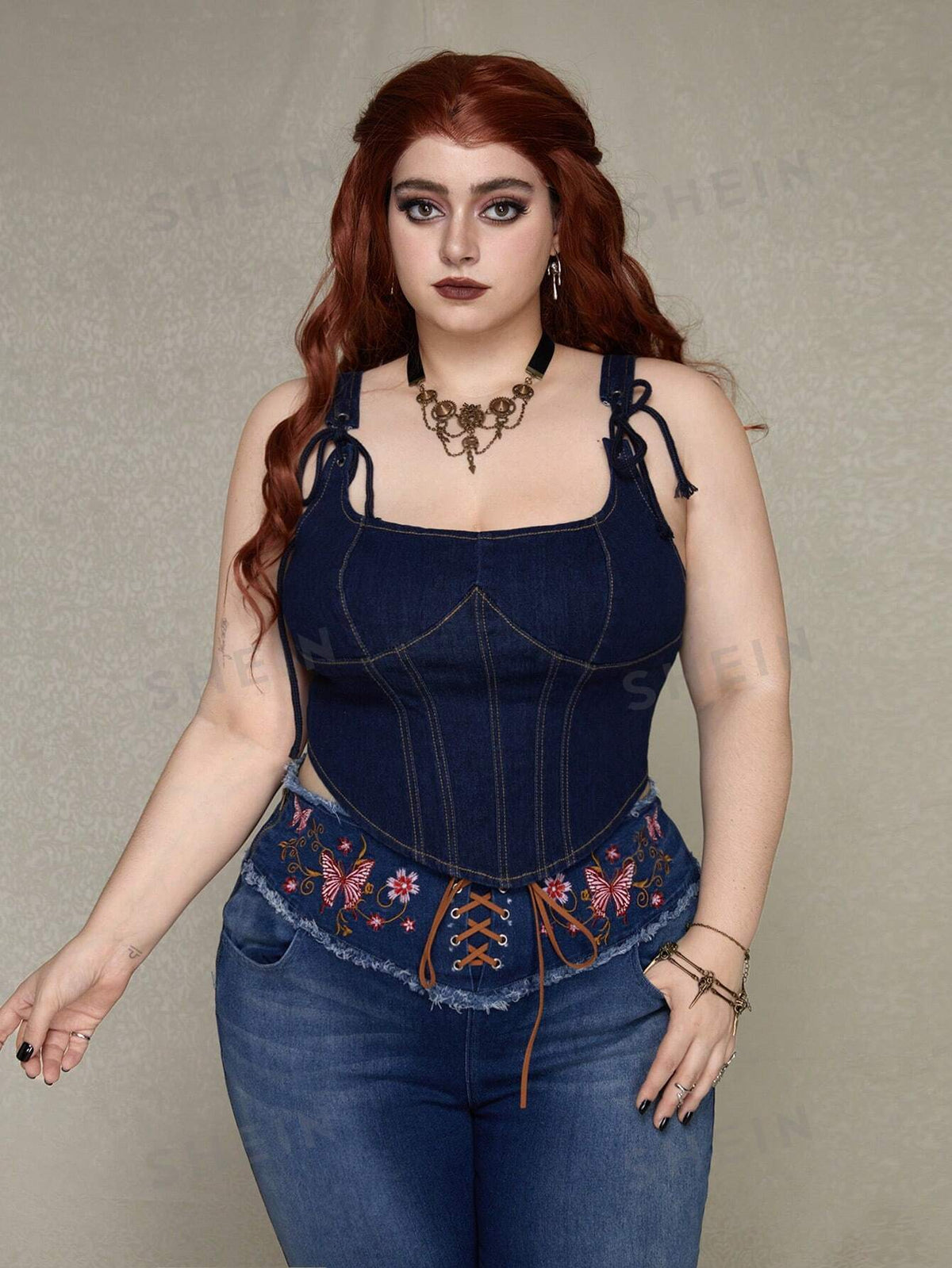 ROMWE PUNK Casual Plus Size Women'S Eyelet Lace-Up Sleeveless Denim Top