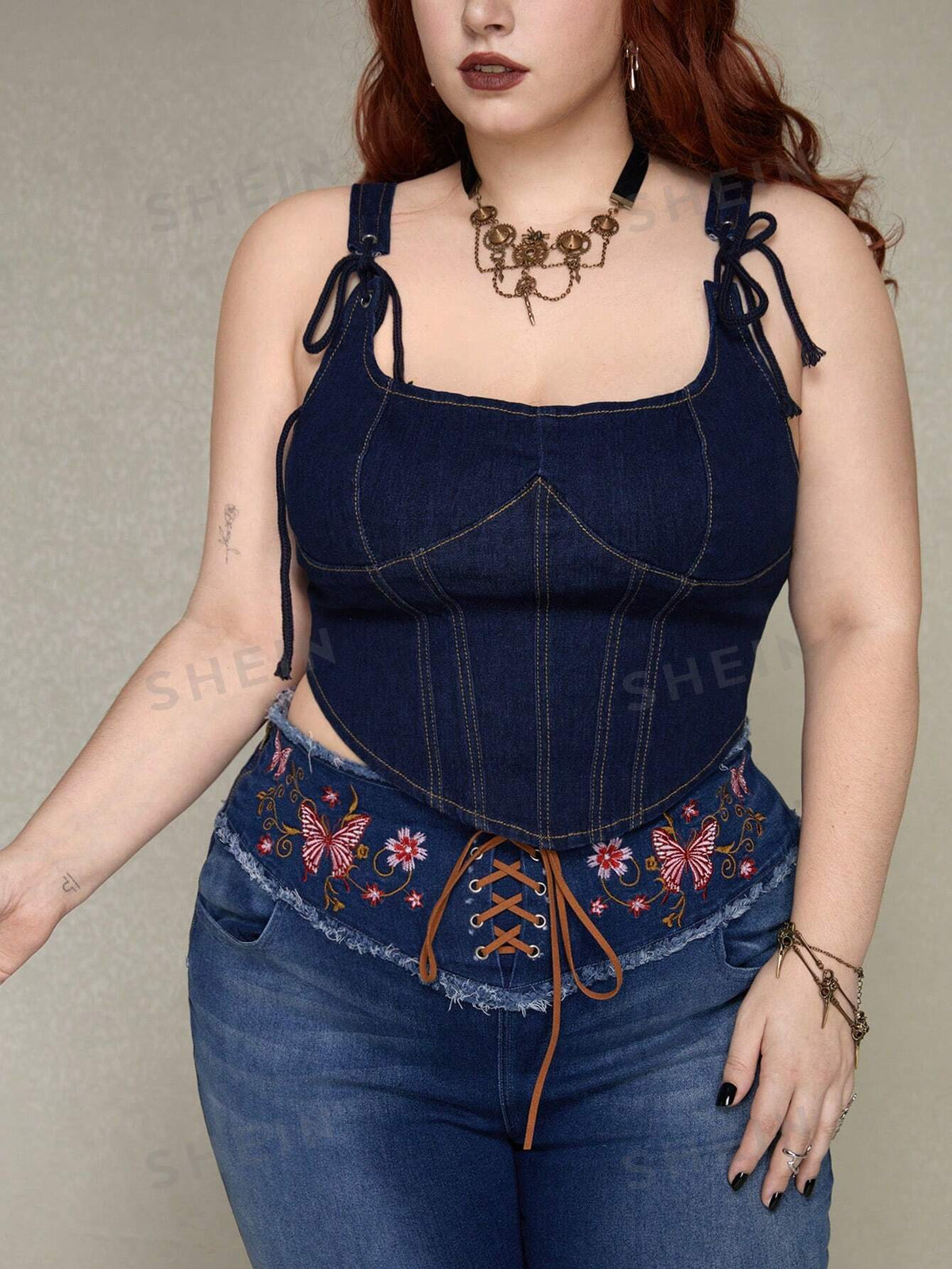 ROMWE PUNK Casual Plus Size Women'S Eyelet Lace-Up Sleeveless Denim Top