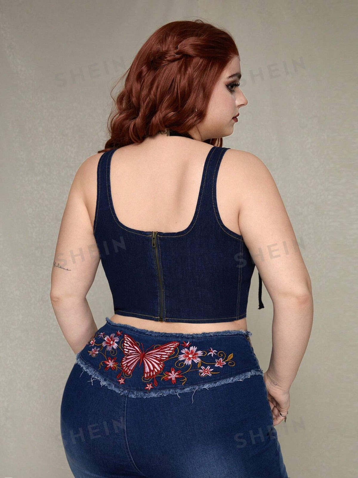 ROMWE PUNK Casual Plus Size Women'S Eyelet Lace-Up Sleeveless Denim Top